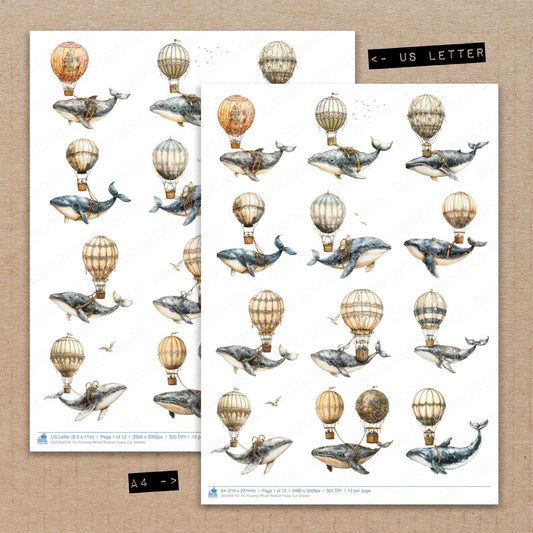 A4 and US Letter format comparison showing Floating Whale Balloon fussy cut pages for print and cut crafting