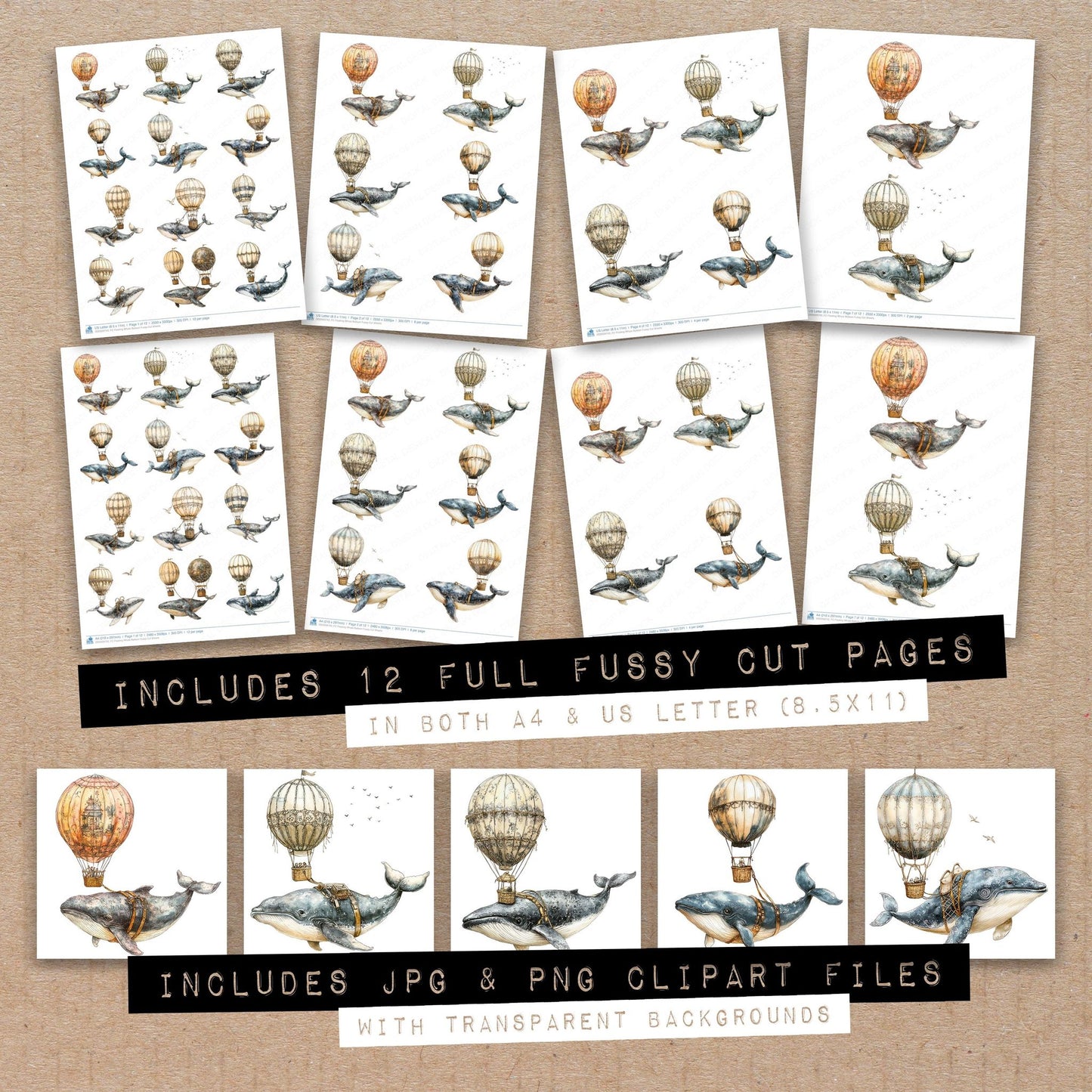 Full collection view of Floating Whale Balloon fussy cut sheets with bonus clipart JPG and PNG files