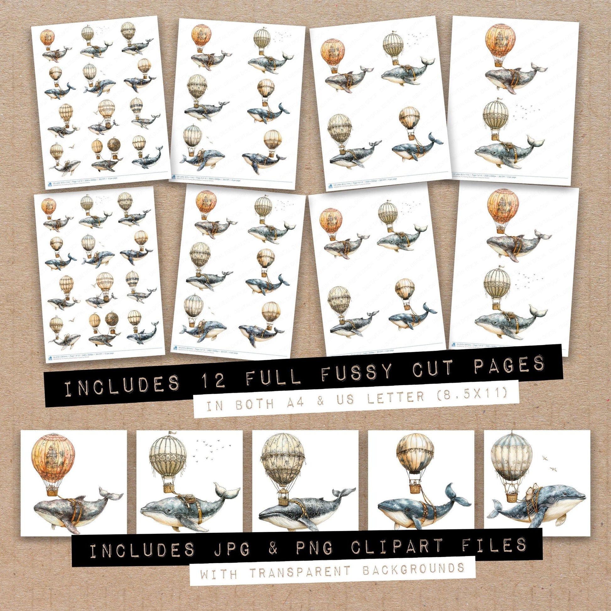 Full collection view of Floating Whale Balloon fussy cut sheets with bonus clipart JPG and PNG files
