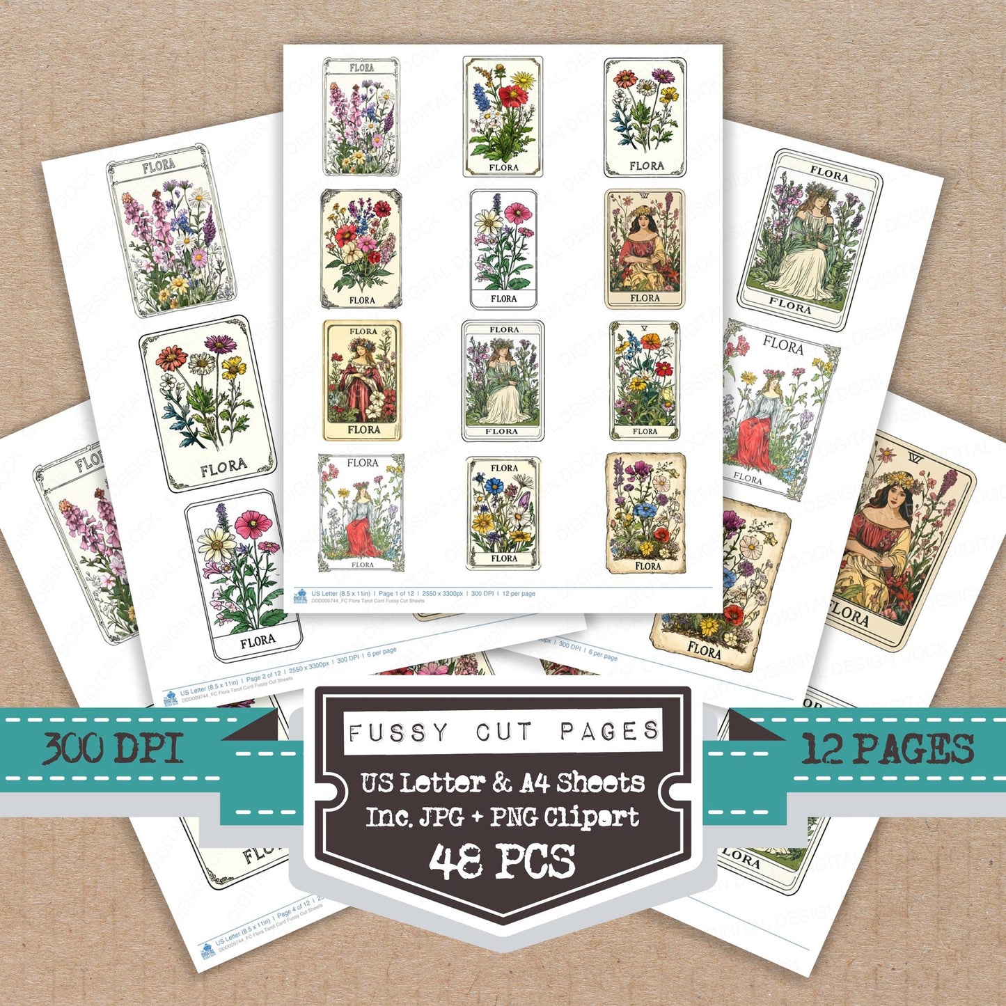 Flora Tarot Card fussy cut printable sheets for junk journaling, scrapbooking, and paper craft projects