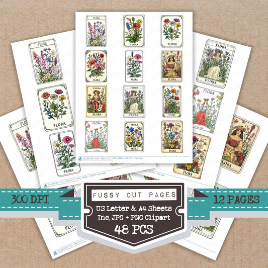 Flora Tarot Card fussy cut printable sheets for junk journaling, scrapbooking, and paper craft projects