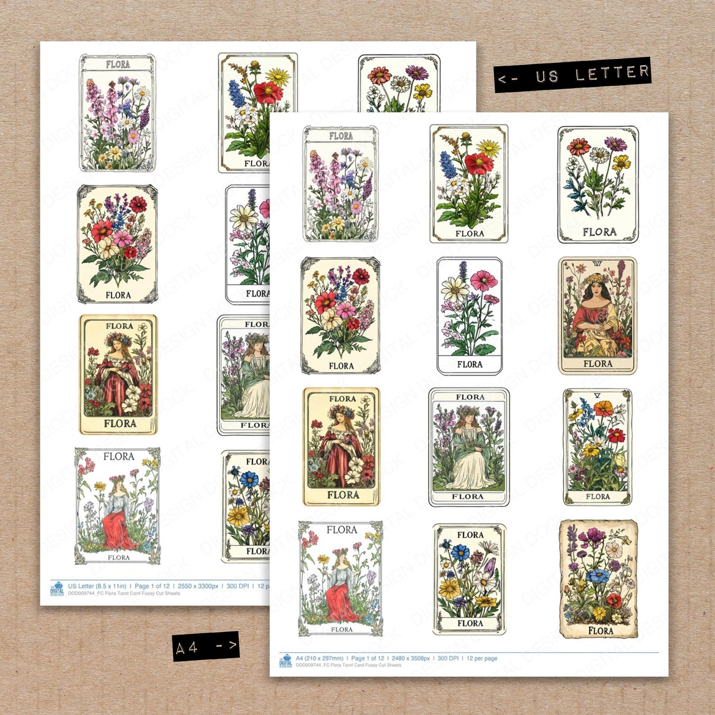 A4 and US Letter format comparison showing Flora Tarot Card fussy cut pages for print and cut crafting