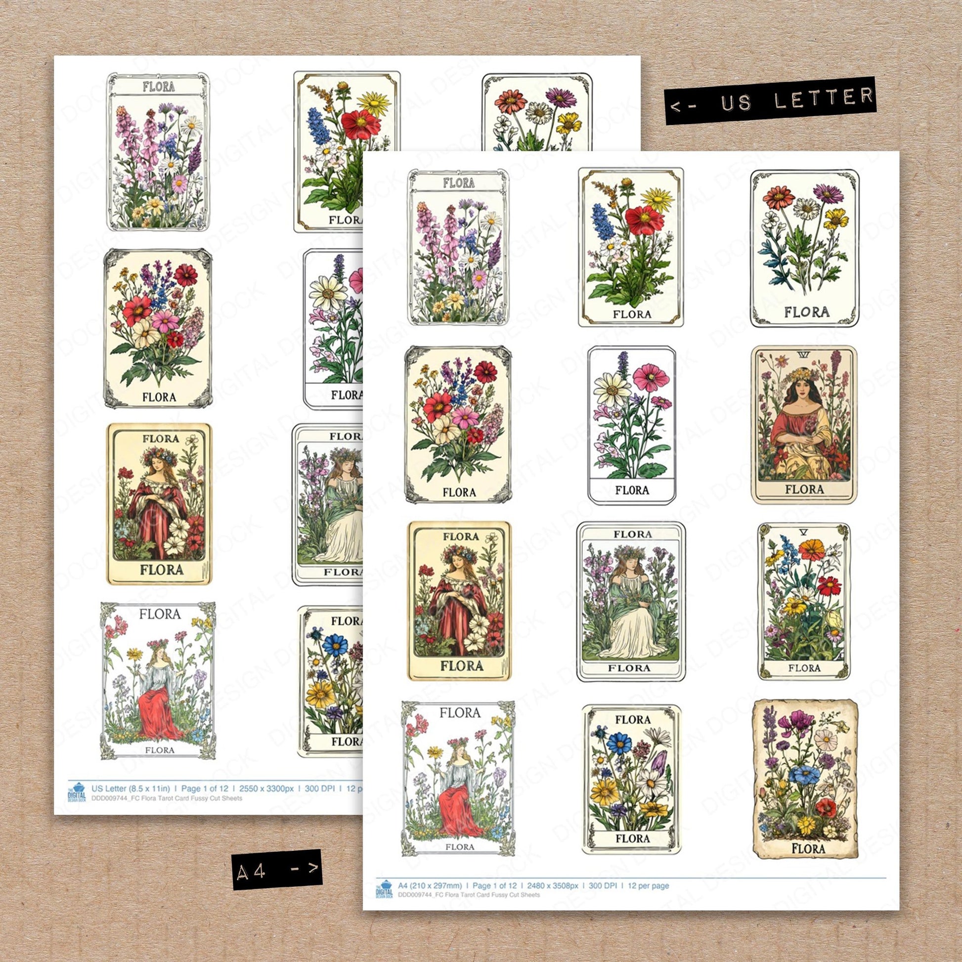 A4 and US Letter format comparison showing Flora Tarot Card fussy cut pages for print and cut crafting