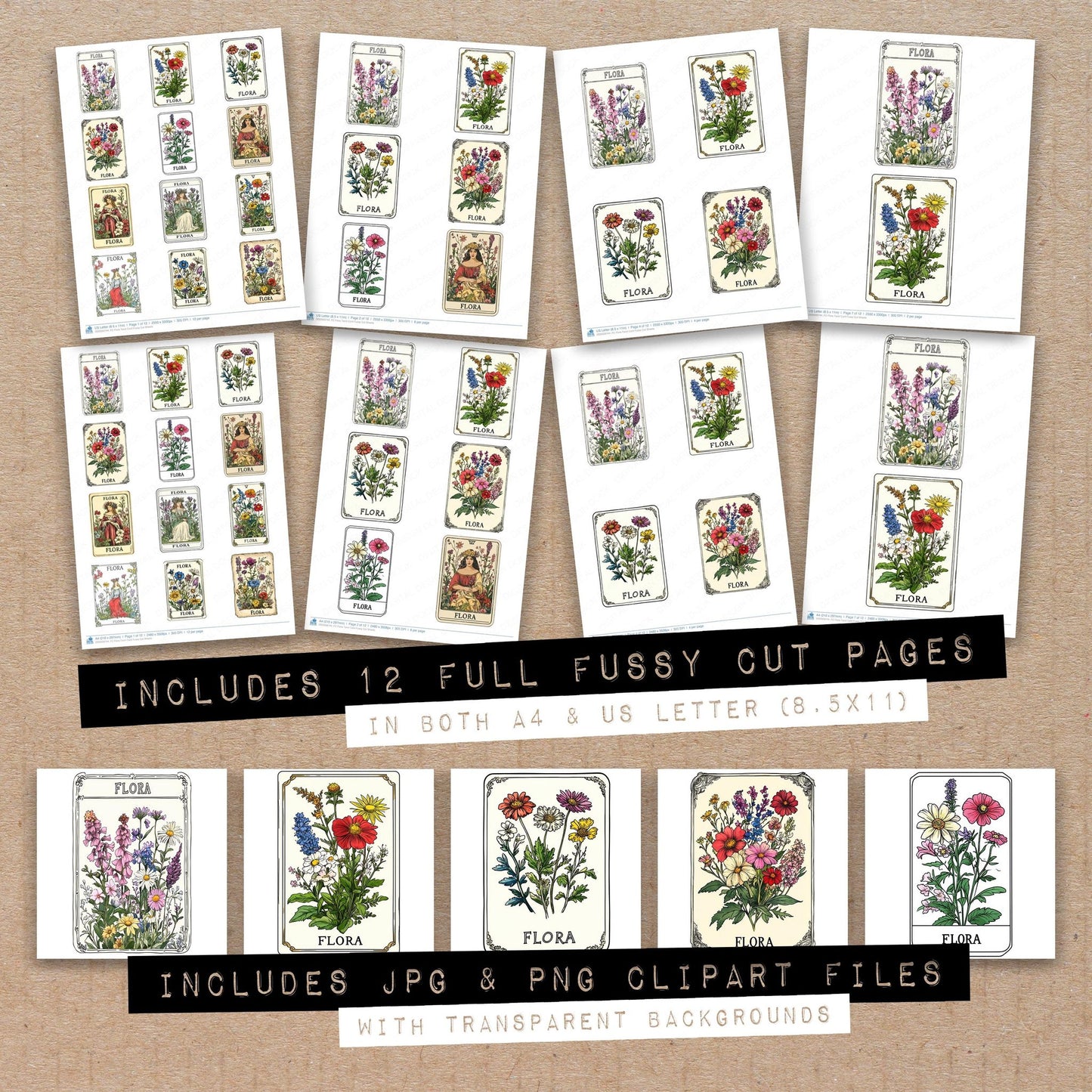 Full collection view of Flora Tarot Card fussy cut sheets with bonus clipart JPG and PNG files