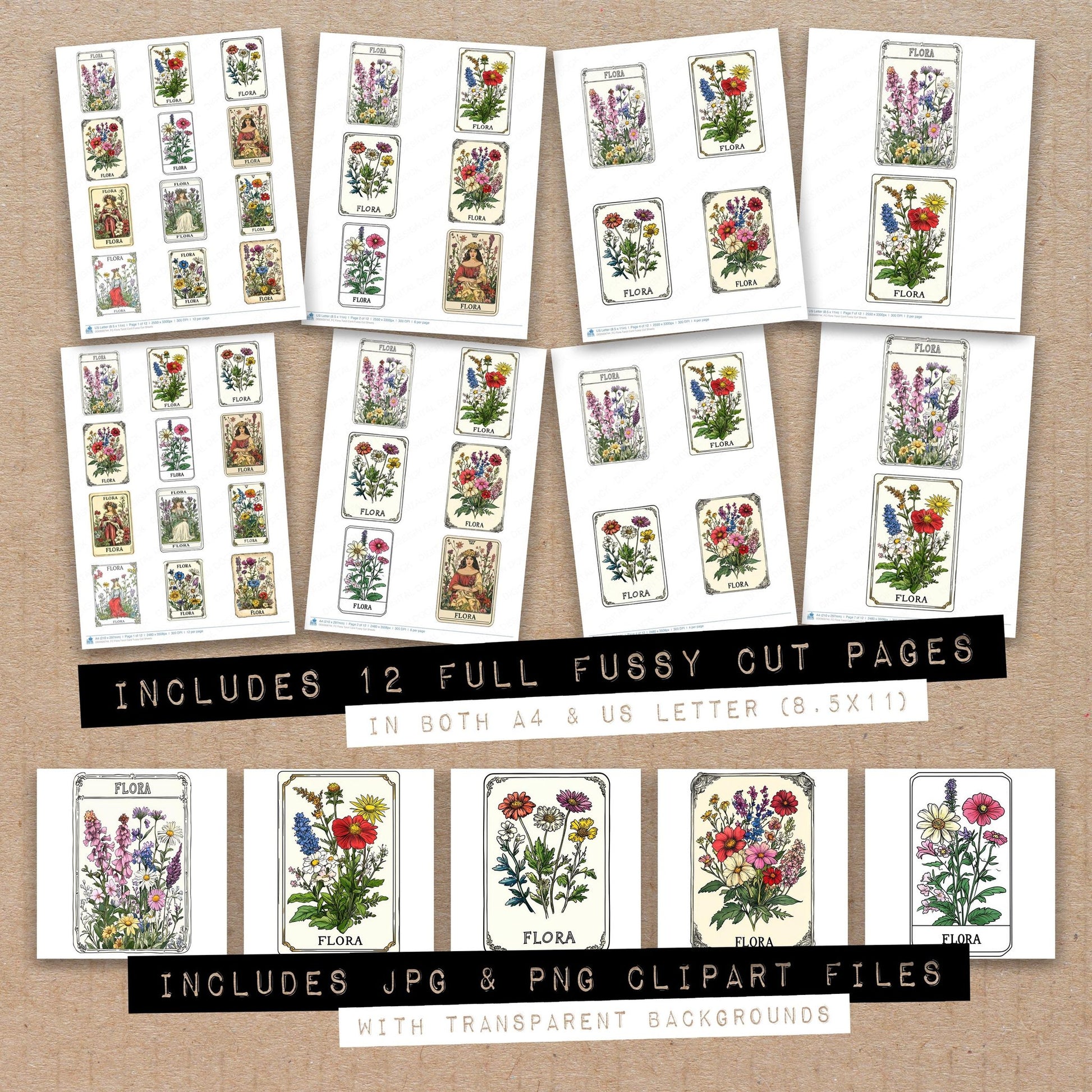 Full collection view of Flora Tarot Card fussy cut sheets with bonus clipart JPG and PNG files