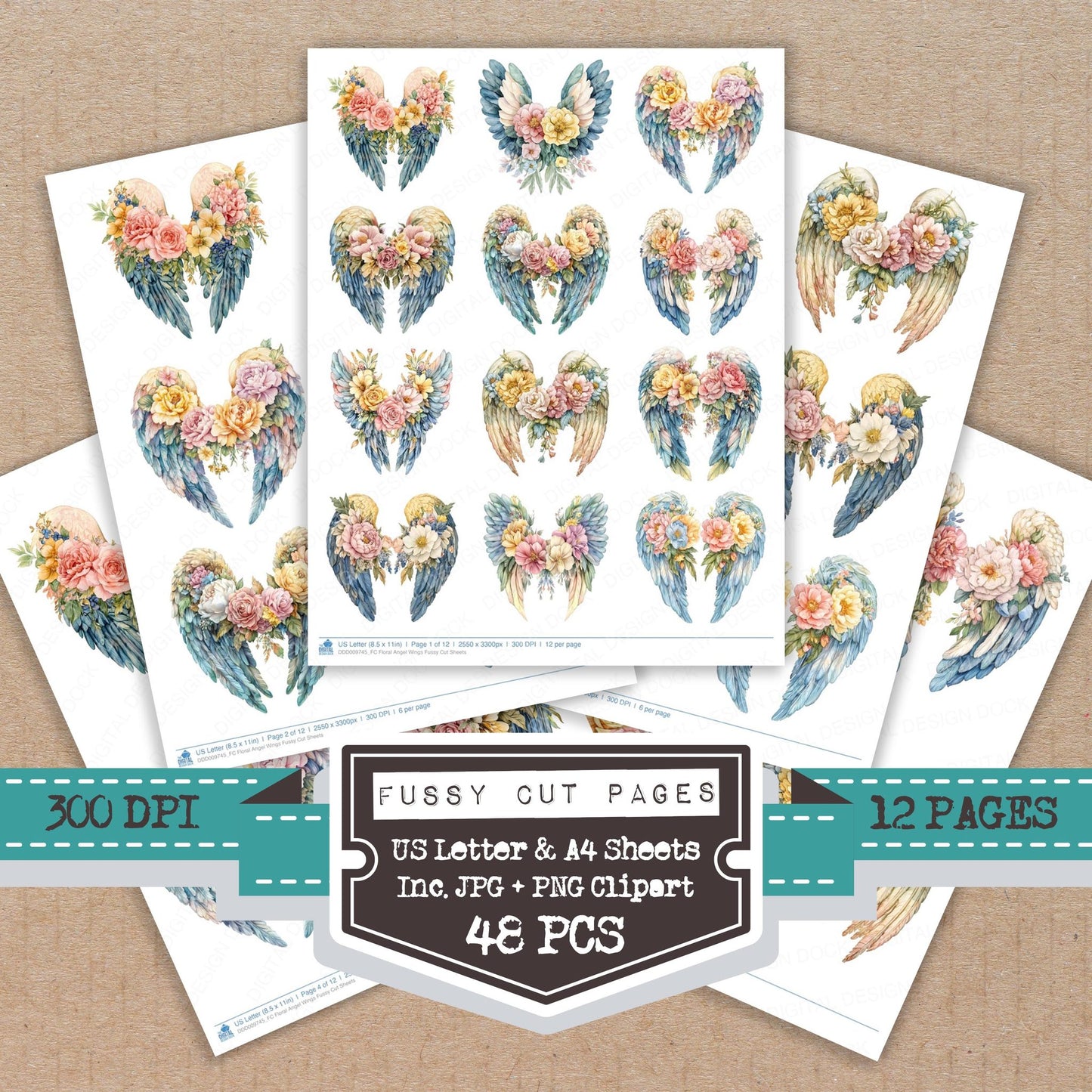 Floral Angel Wings fussy cut printable sheets for junk journaling, scrapbooking, and paper craft projects