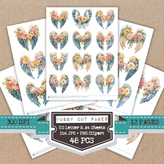 Floral Angel Wings fussy cut printable sheets for junk journaling, scrapbooking, and paper craft projects