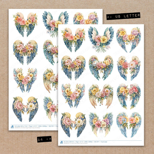 A4 and US Letter format comparison showing Floral Angel Wings fussy cut pages for print and cut crafting