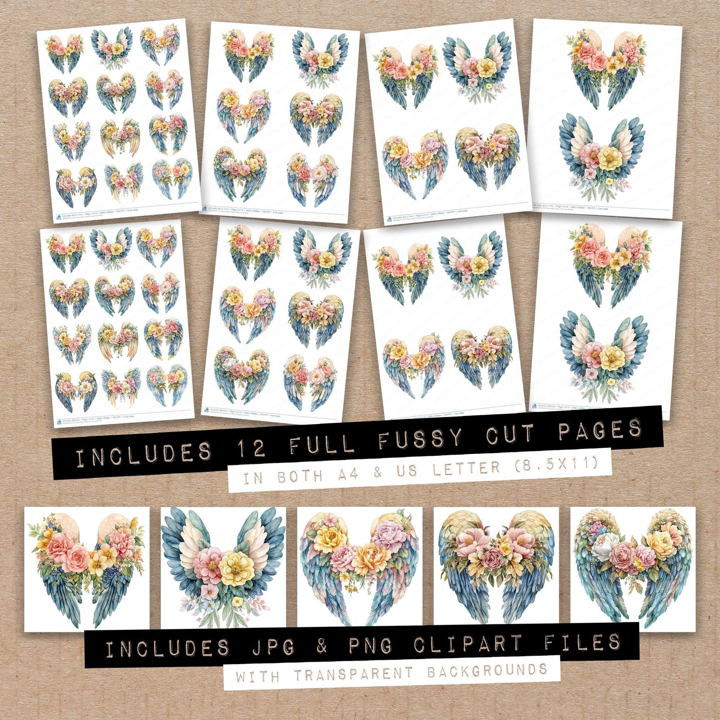 Full collection view of Floral Angel Wings fussy cut sheets with bonus clipart JPG and PNG files