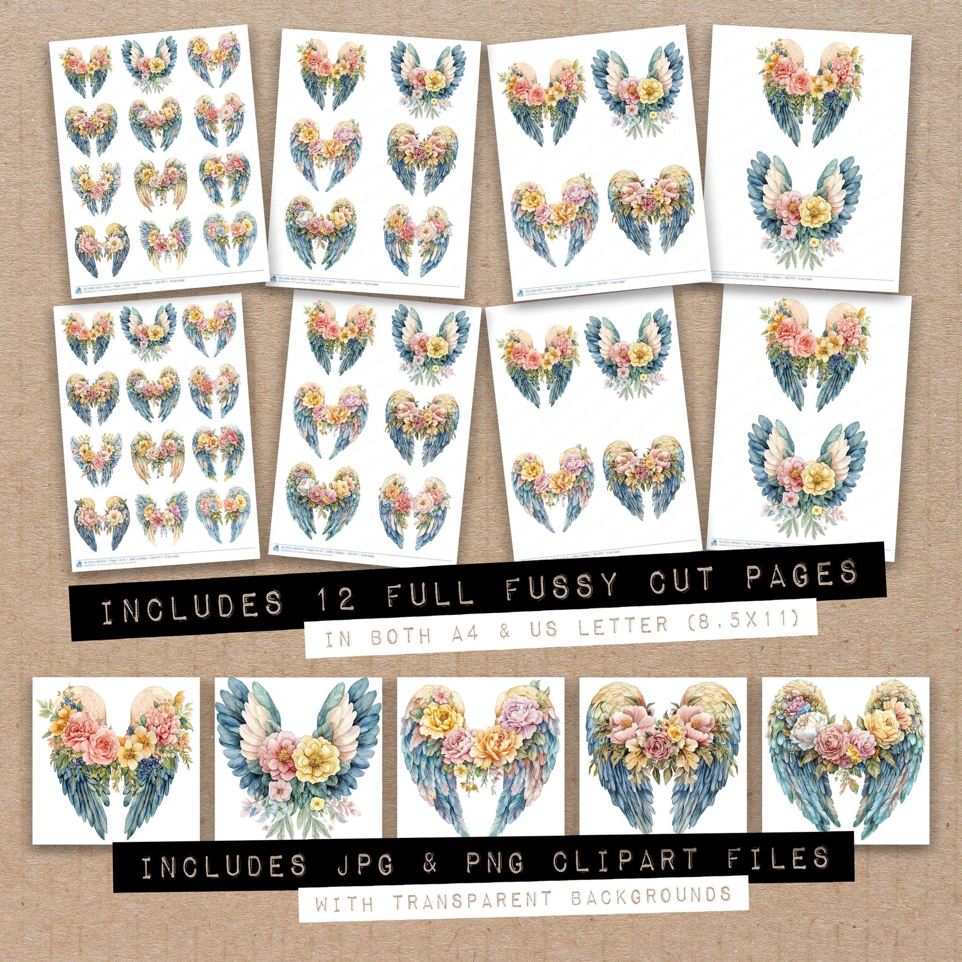 Full collection view of Floral Angel Wings fussy cut sheets with bonus clipart JPG and PNG files