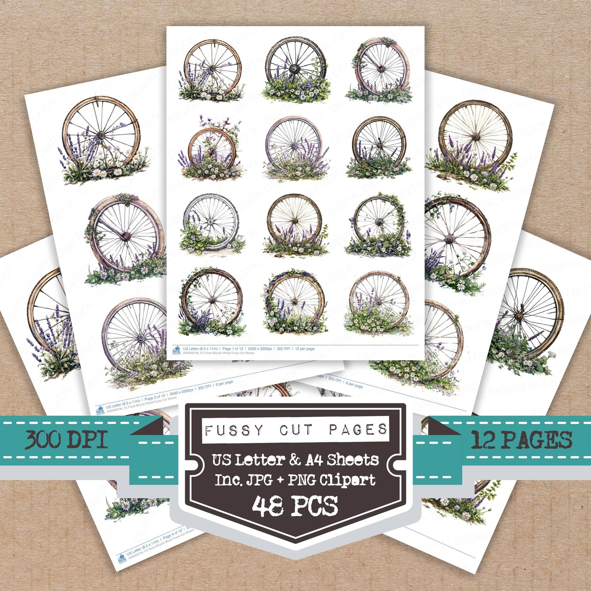 Floral Bicycle Wheel fussy cut printable sheets for junk journaling, scrapbooking, and paper craft projects