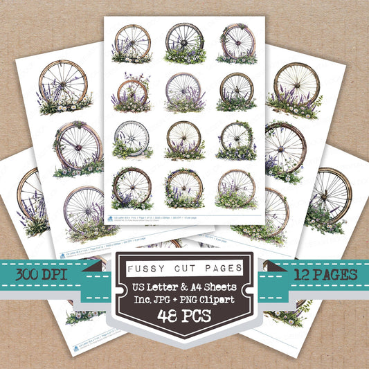 Floral Bicycle Wheel fussy cut printable sheets for junk journaling, scrapbooking, and paper craft projects