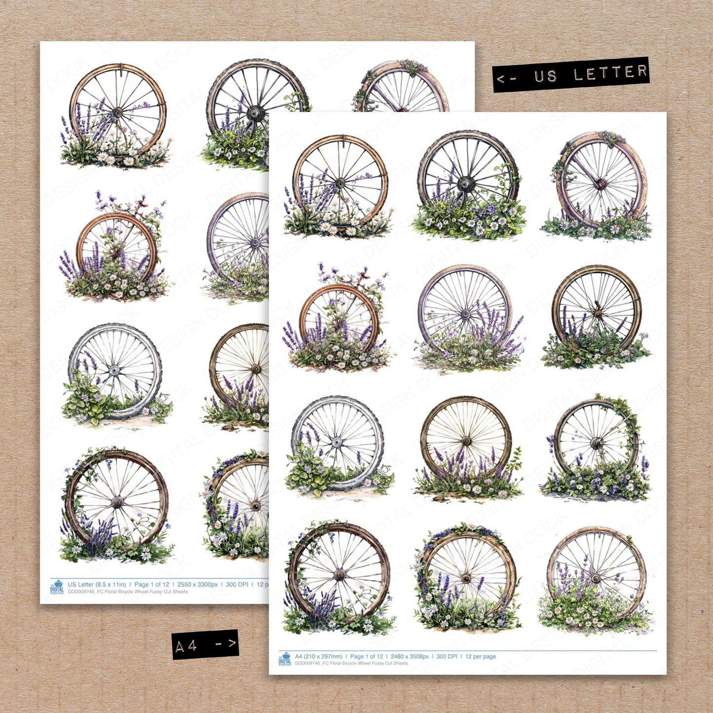 A4 and US Letter format comparison showing Floral Bicycle Wheel fussy cut pages for print and cut crafting