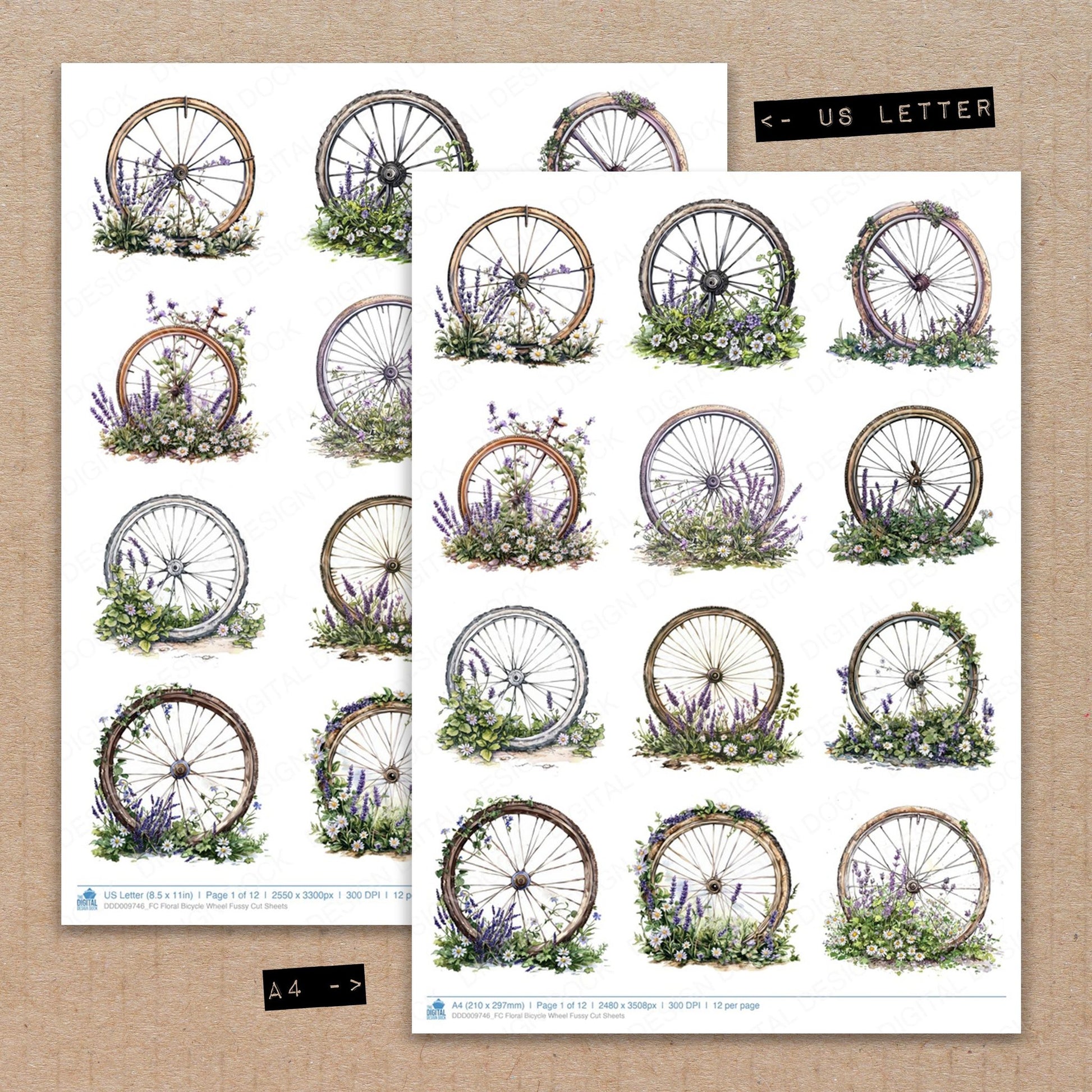 A4 and US Letter format comparison showing Floral Bicycle Wheel fussy cut pages for print and cut crafting