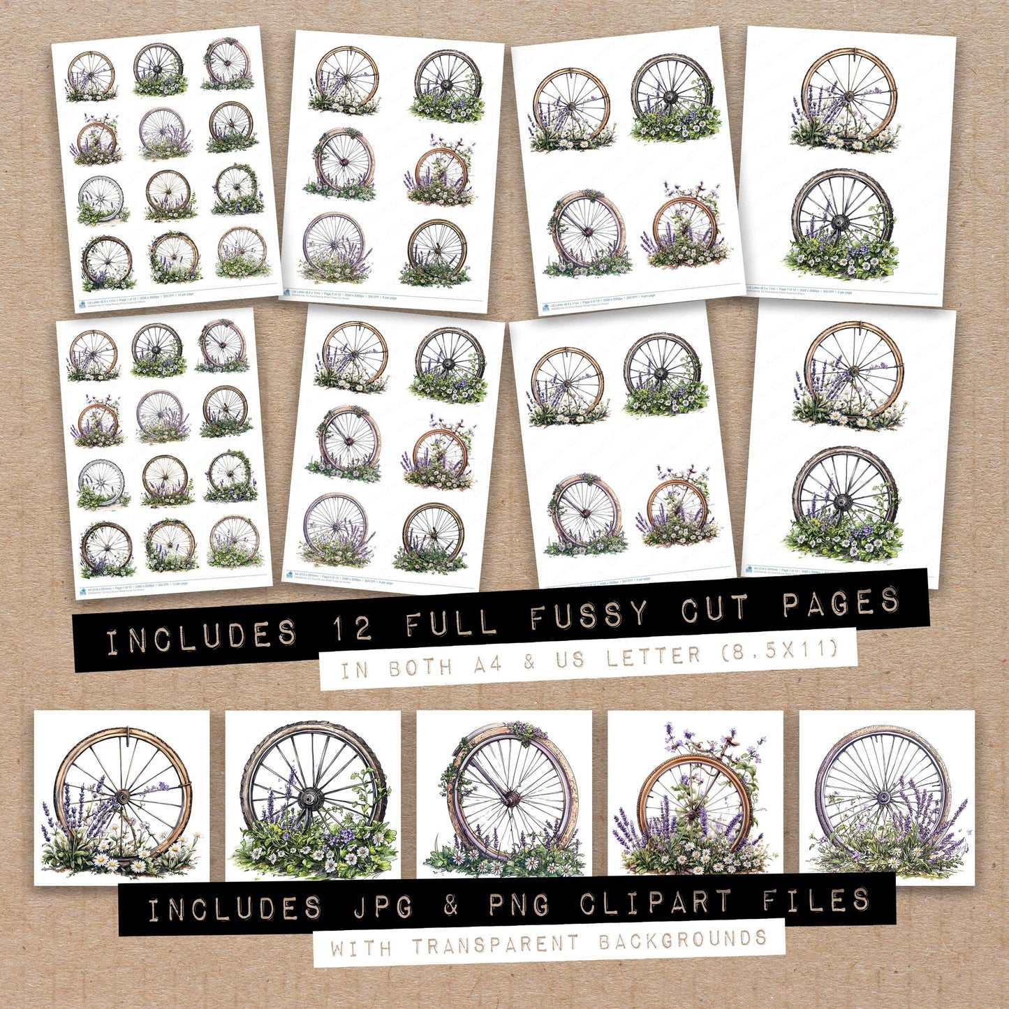 Full collection view of Floral Bicycle Wheel fussy cut sheets with bonus clipart JPG and PNG files