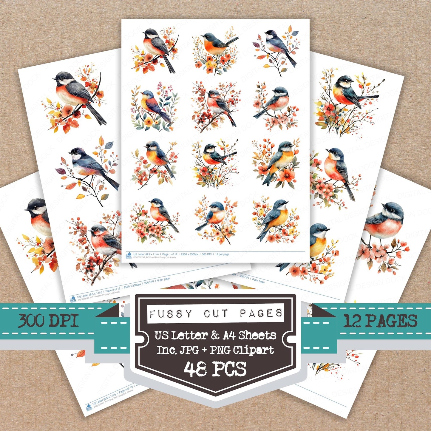 Floral Bird fussy cut printable sheets for junk journaling, scrapbooking, and paper craft projects