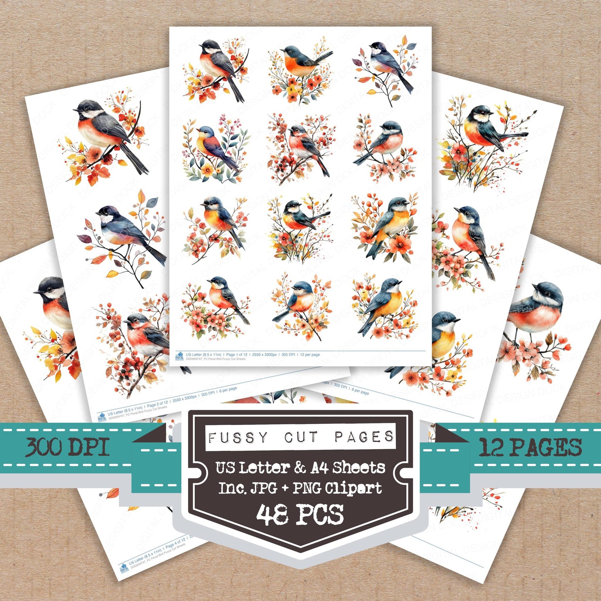 Floral Bird fussy cut printable sheets for junk journaling, scrapbooking, and paper craft projects