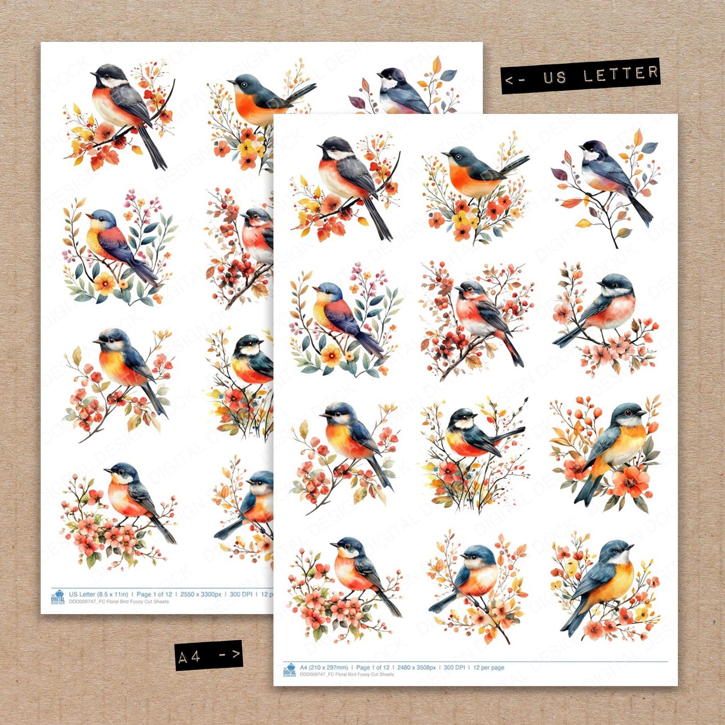 A4 and US Letter format comparison showing Floral Bird fussy cut pages for print and cut crafting