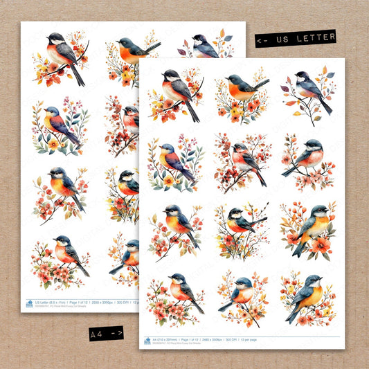 A4 and US Letter format comparison showing Floral Bird fussy cut pages for print and cut crafting