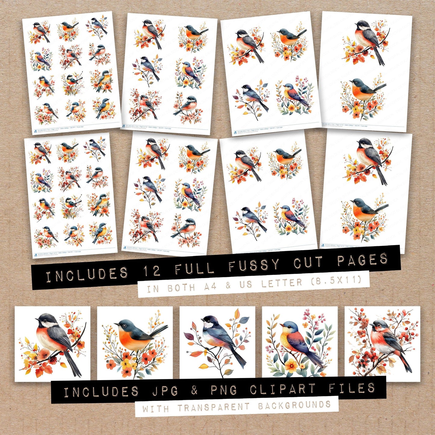 Full collection view of Floral Bird fussy cut sheets with bonus clipart JPG and PNG files