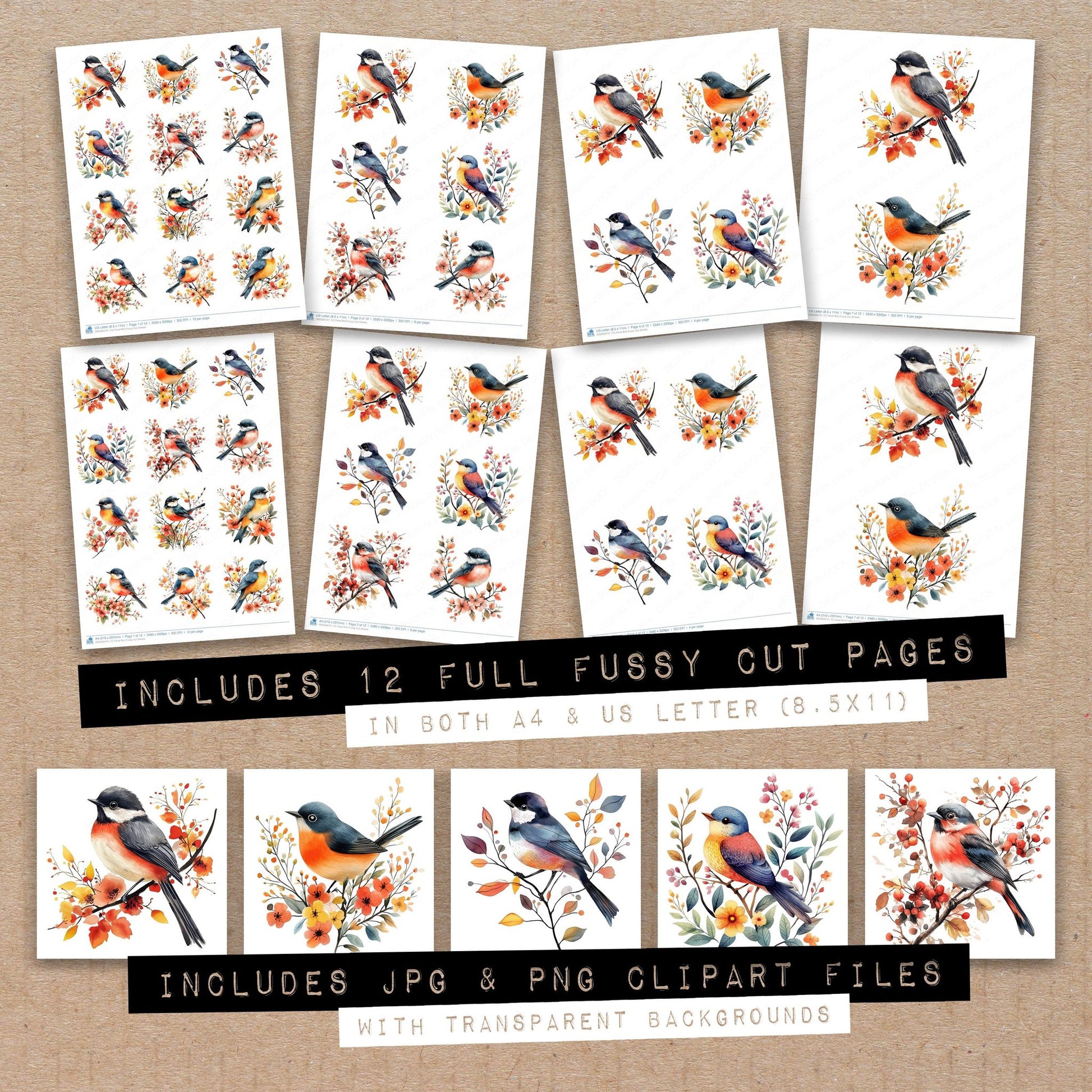 Full collection view of Floral Bird fussy cut sheets with bonus clipart JPG and PNG files