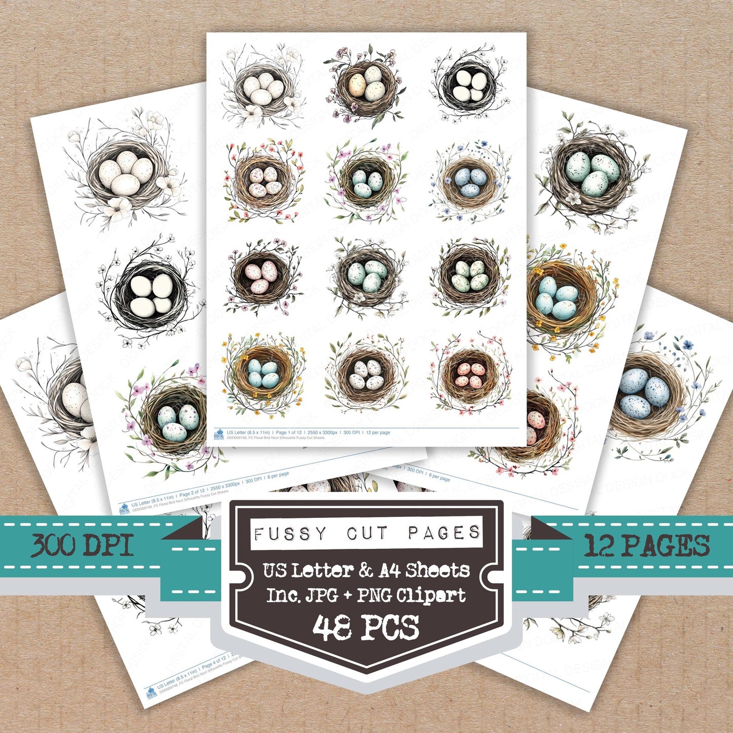 Floral Bird Nest Silhouette fussy cut printable sheets for junk journaling, scrapbooking, and paper craft projects