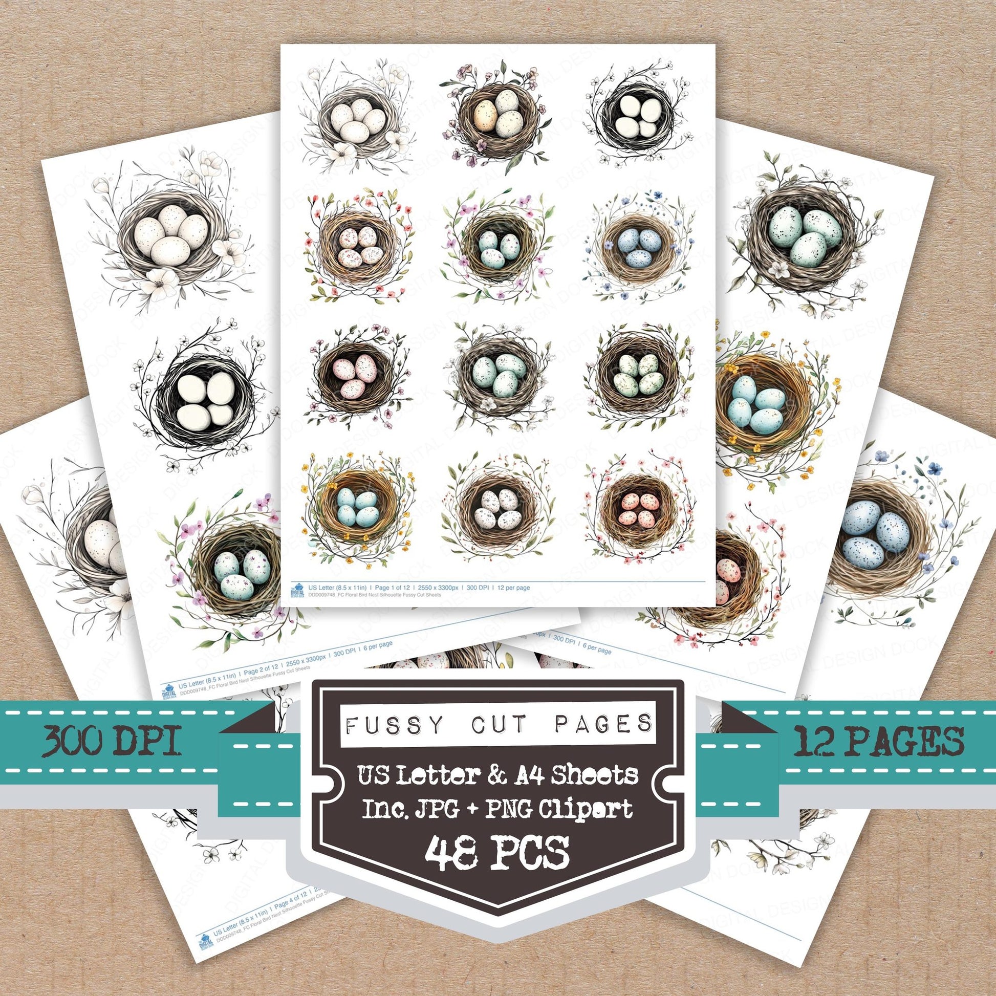 Floral Bird Nest Silhouette fussy cut printable sheets for junk journaling, scrapbooking, and paper craft projects