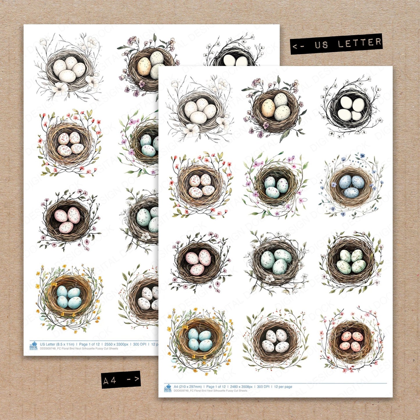 A4 and US Letter format comparison showing Floral Bird Nest Silhouette fussy cut pages for print and cut crafting
