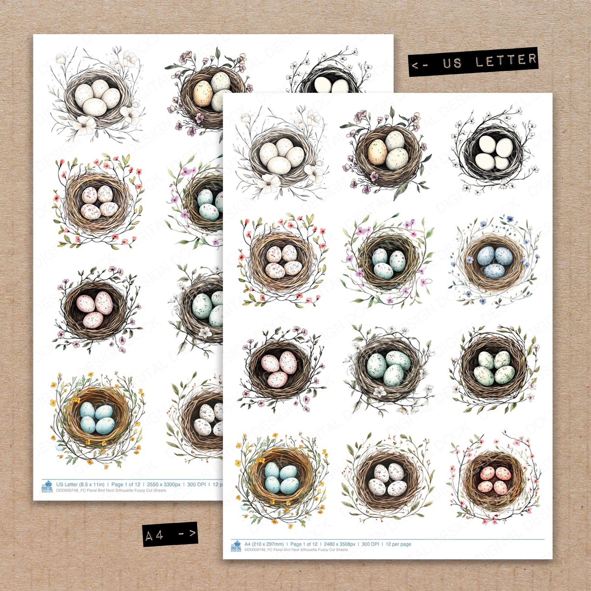 A4 and US Letter format comparison showing Floral Bird Nest Silhouette fussy cut pages for print and cut crafting