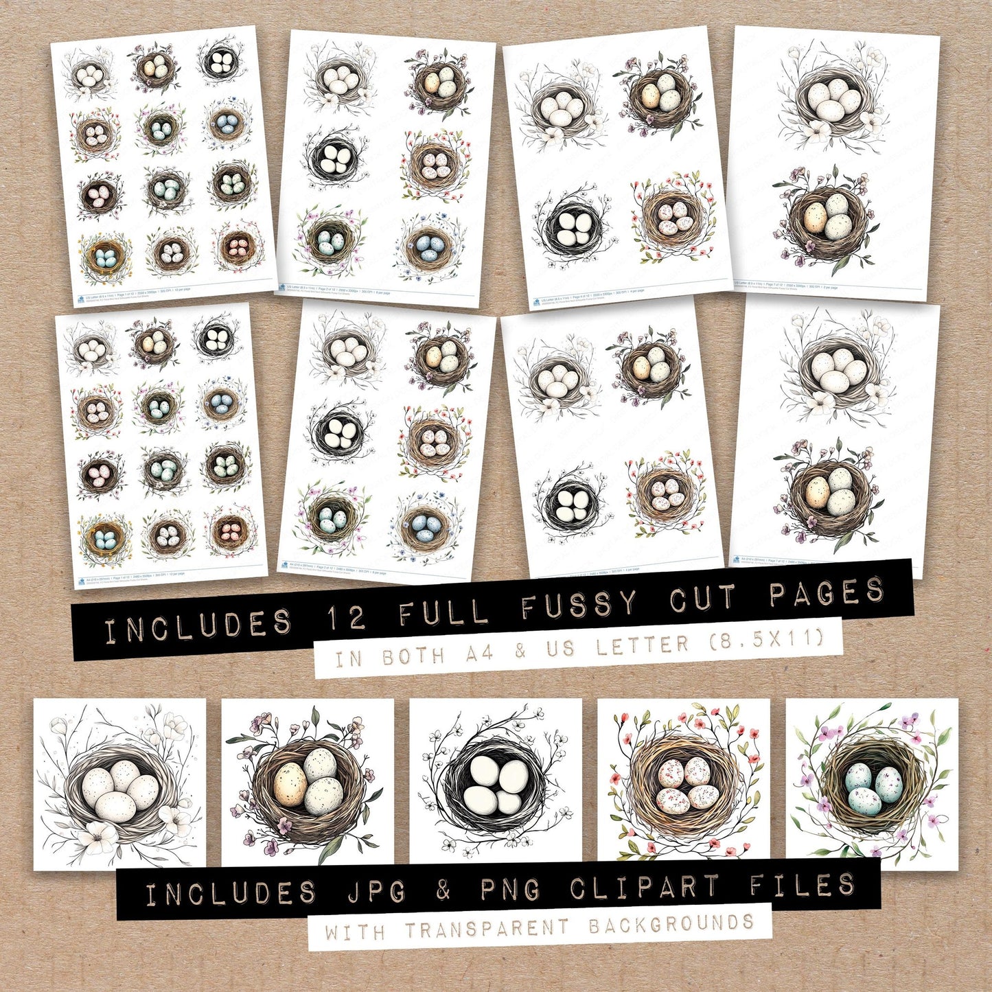 Full collection view of Floral Bird Nest Silhouette fussy cut sheets with bonus clipart JPG and PNG files