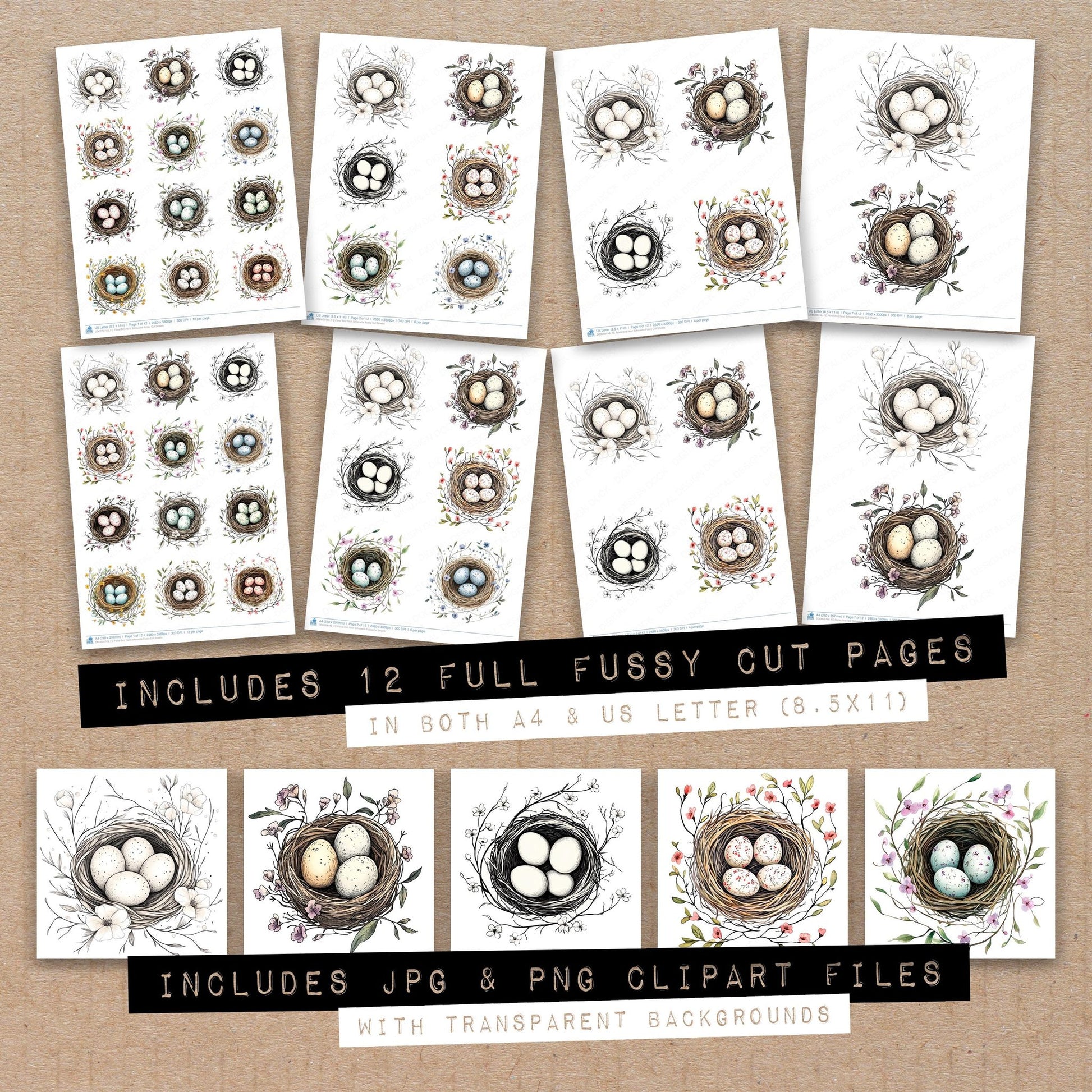 Full collection view of Floral Bird Nest Silhouette fussy cut sheets with bonus clipart JPG and PNG files