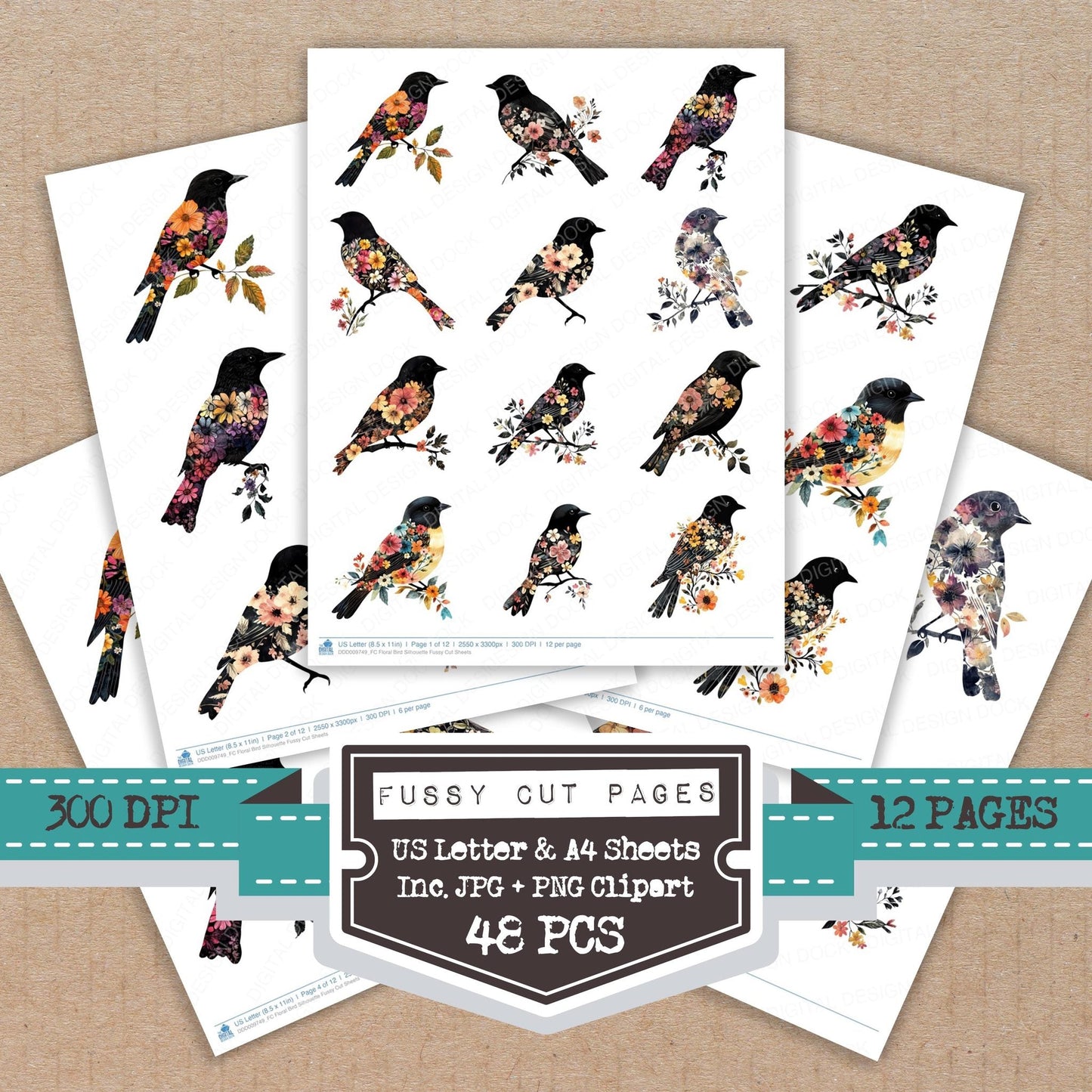 Floral Bird Silhouette Fussy Cut Sheets (DDD009749)