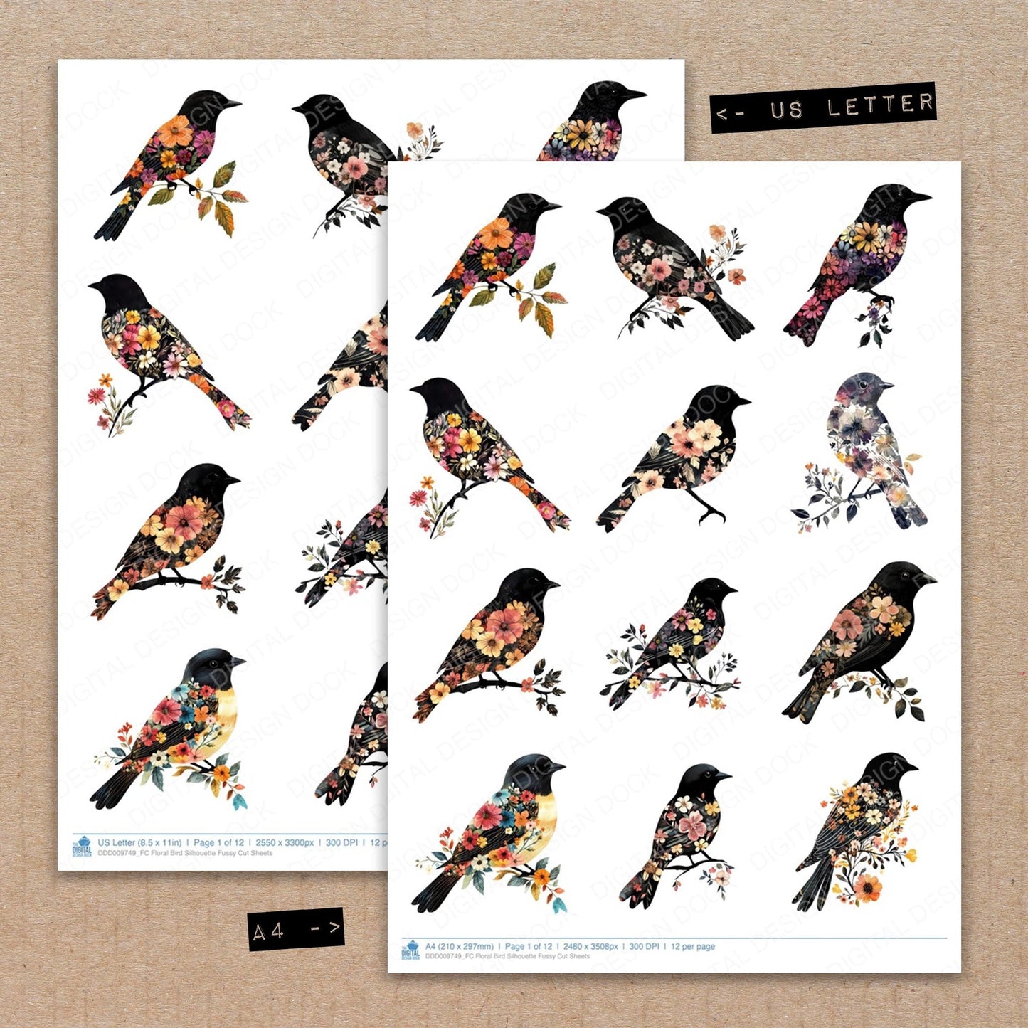 Floral Bird Silhouette Fussy Cut Sheets (DDD009749)