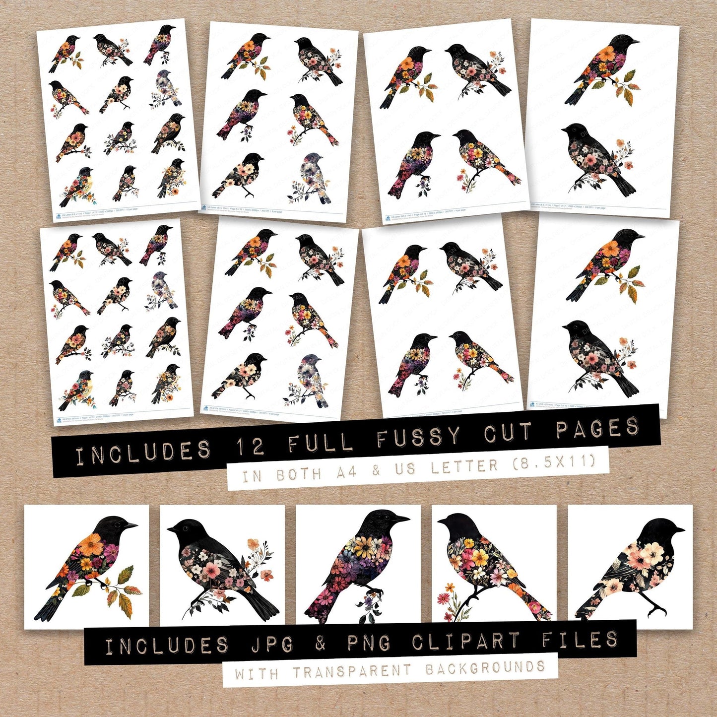 Floral Bird Silhouette Fussy Cut Sheets (DDD009749)