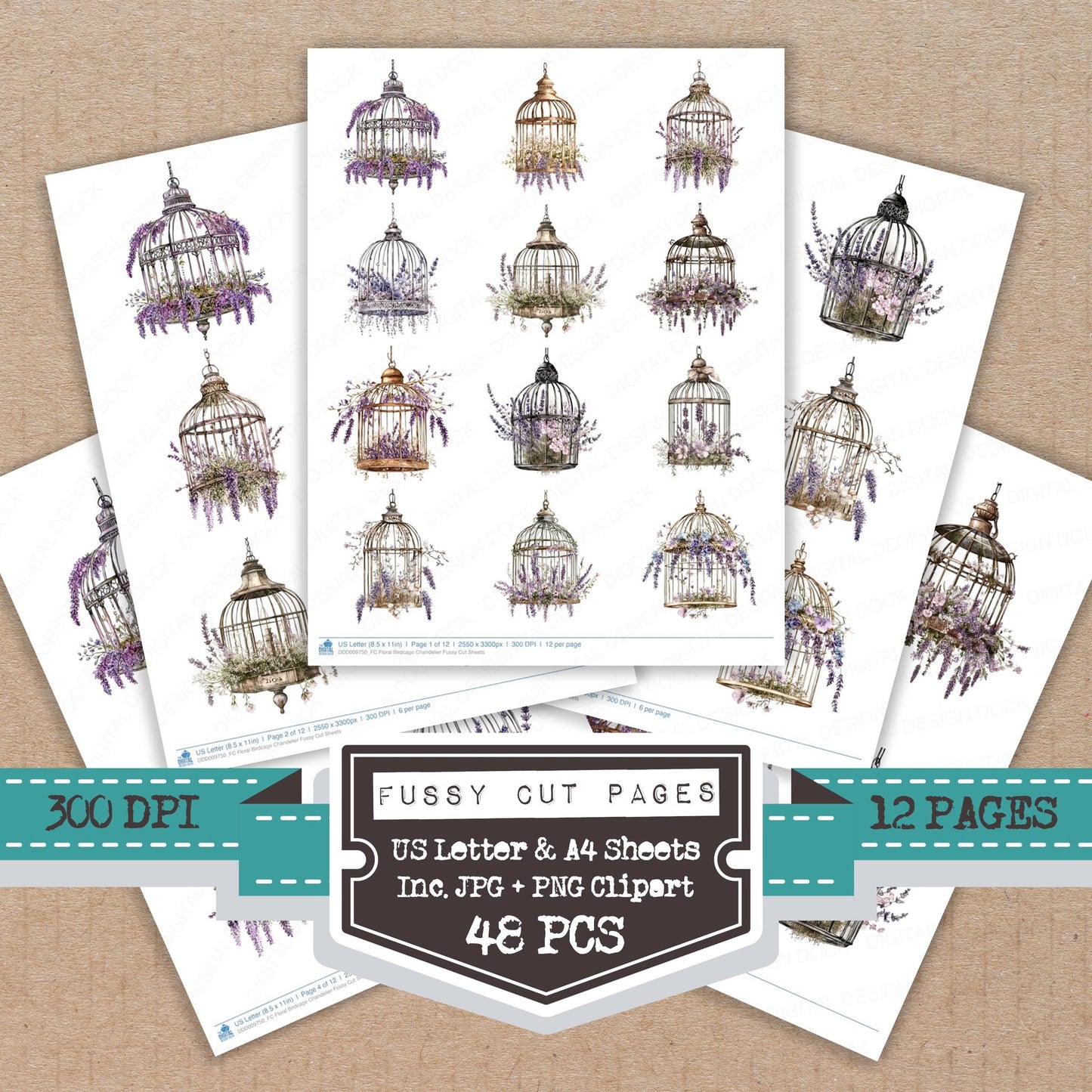 Floral Birdcage Chandelier fussy cut printable sheets for junk journaling, scrapbooking, and paper craft projects