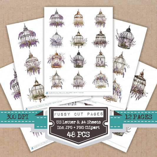 Floral Birdcage Chandelier fussy cut printable sheets for junk journaling, scrapbooking, and paper craft projects