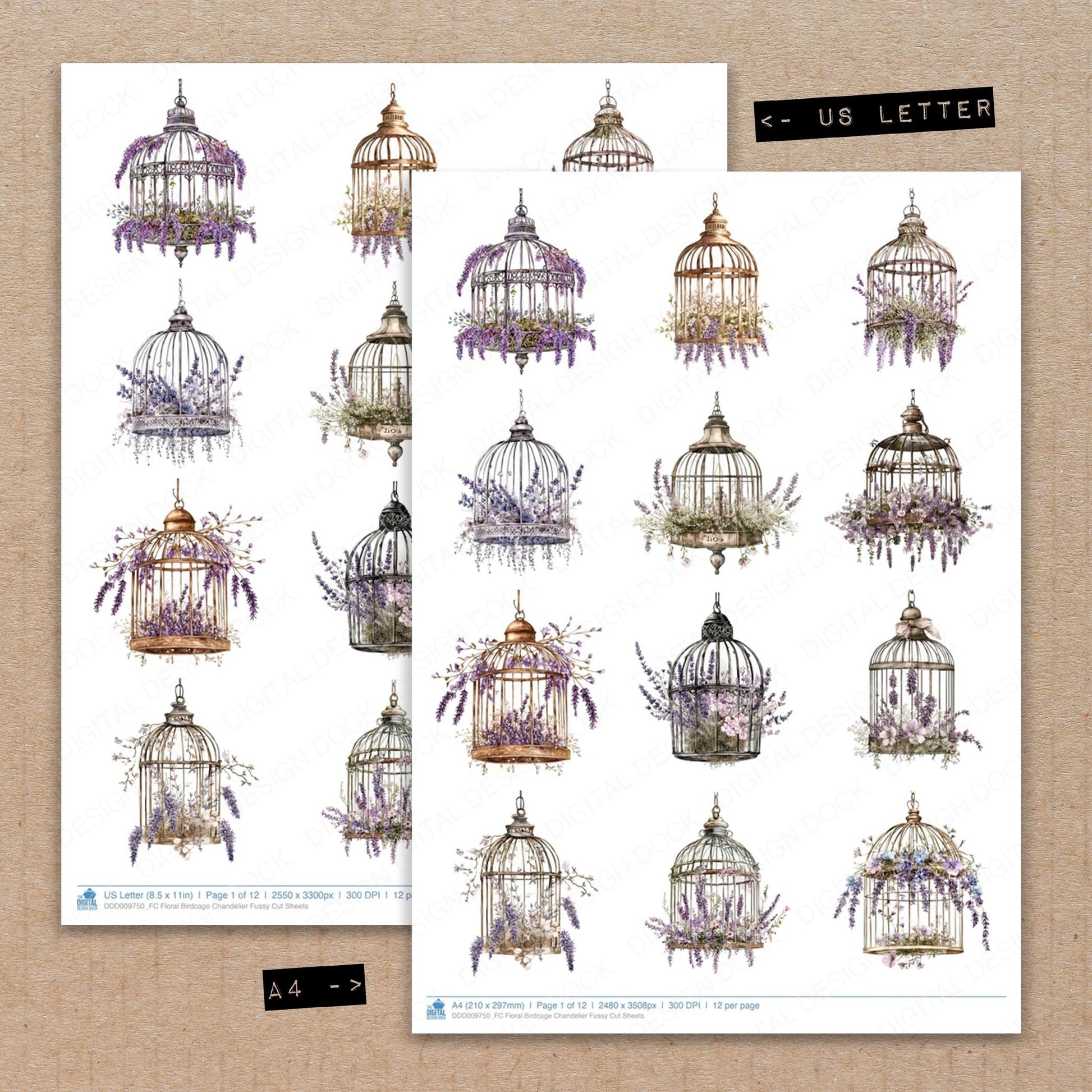 A4 and US Letter format comparison showing Floral Birdcage Chandelier fussy cut pages for print and cut crafting