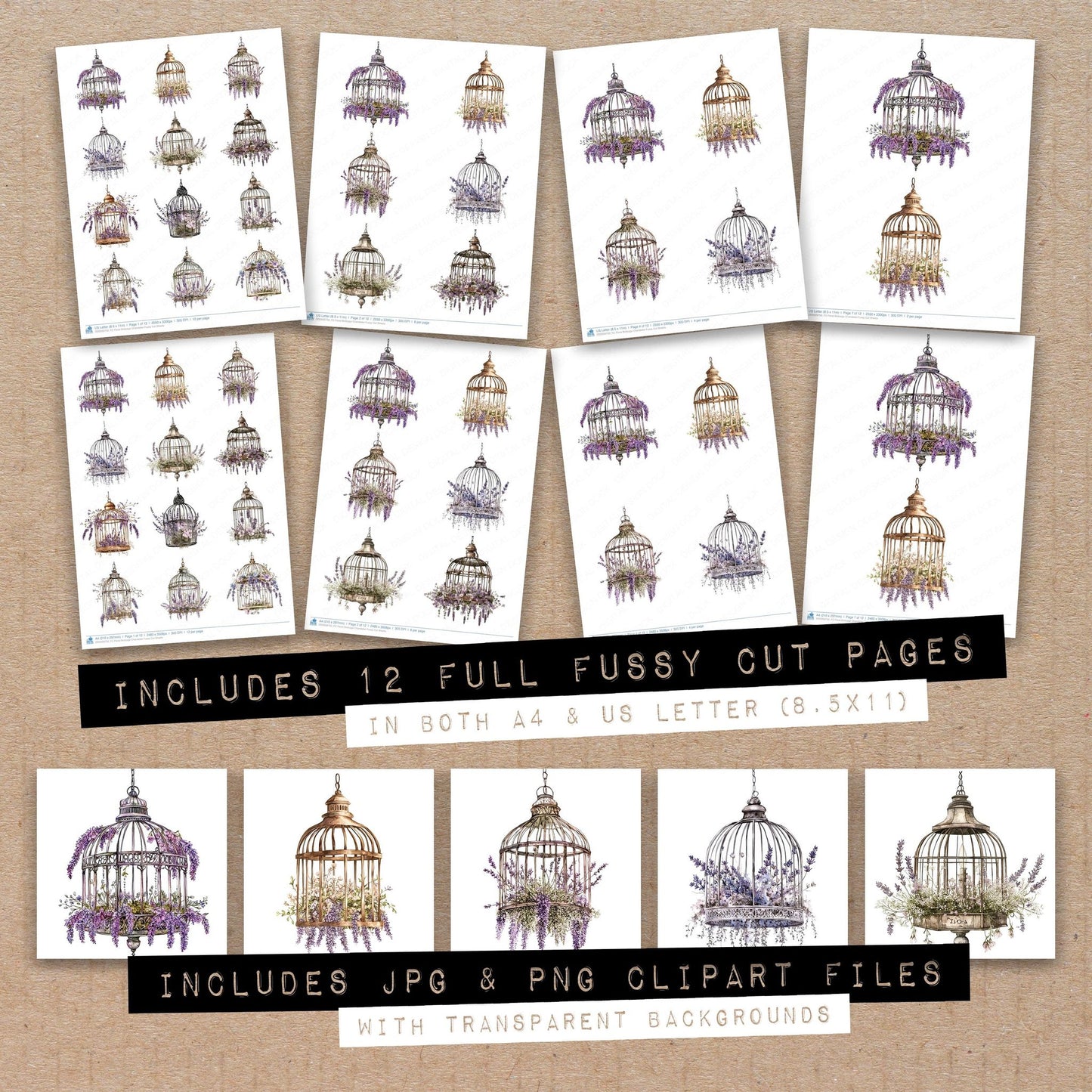 Full collection view of Floral Birdcage Chandelier fussy cut sheets with bonus clipart JPG and PNG files