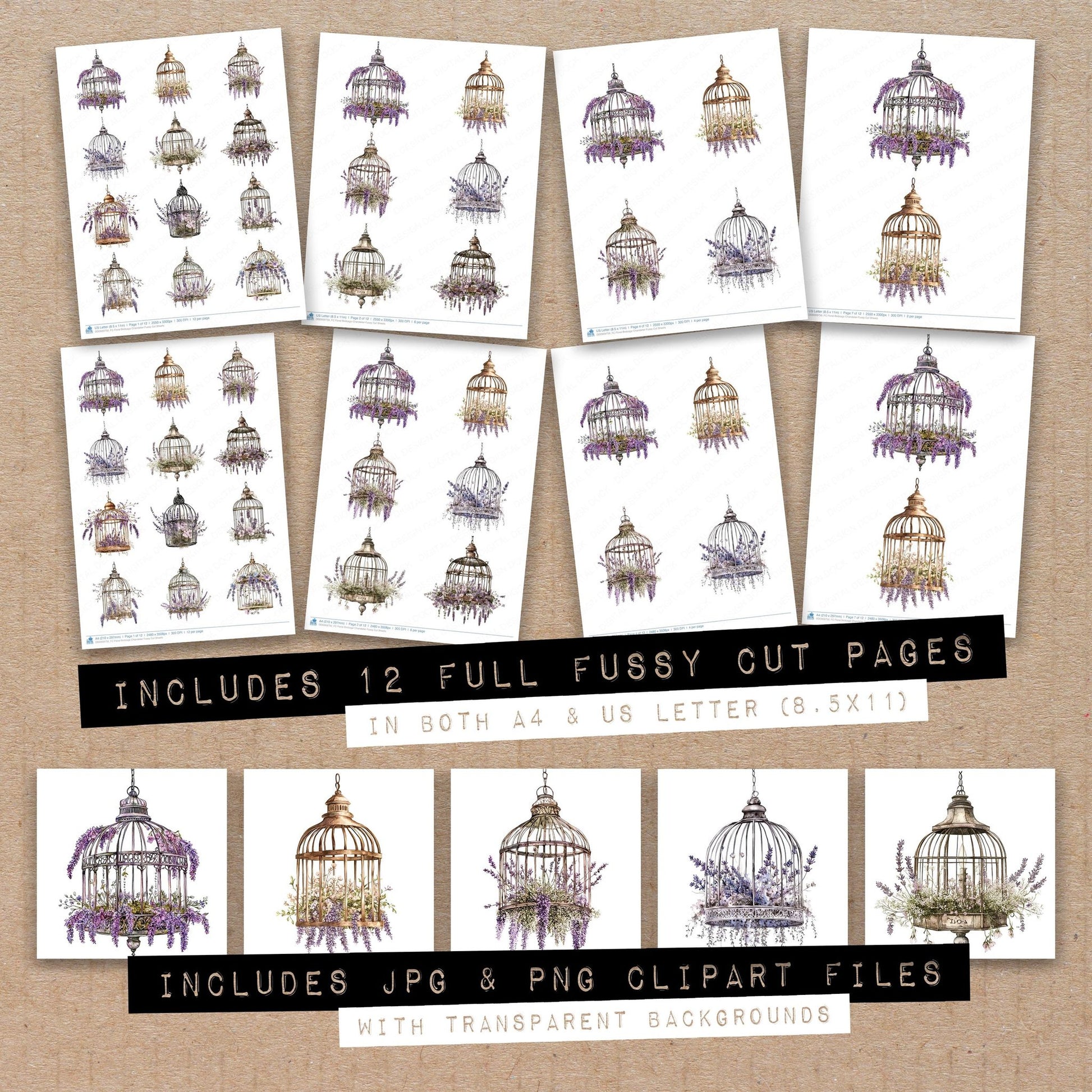 Full collection view of Floral Birdcage Chandelier fussy cut sheets with bonus clipart JPG and PNG files
