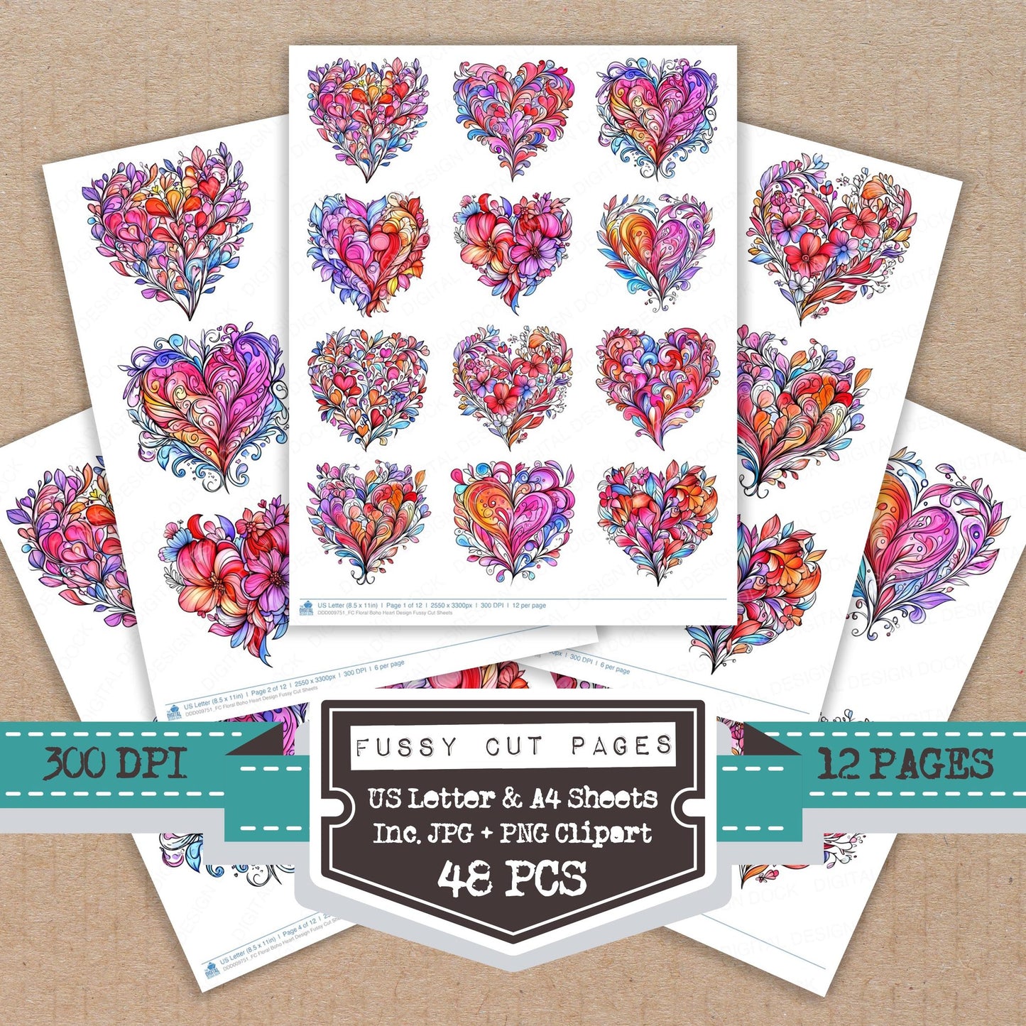 Floral Boho Heart Design fussy cut printable sheets for junk journaling, scrapbooking, and paper craft projects