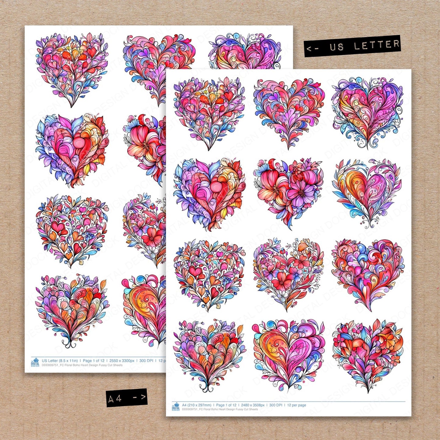 A4 and US Letter format comparison showing Floral Boho Heart Design fussy cut pages for print and cut crafting