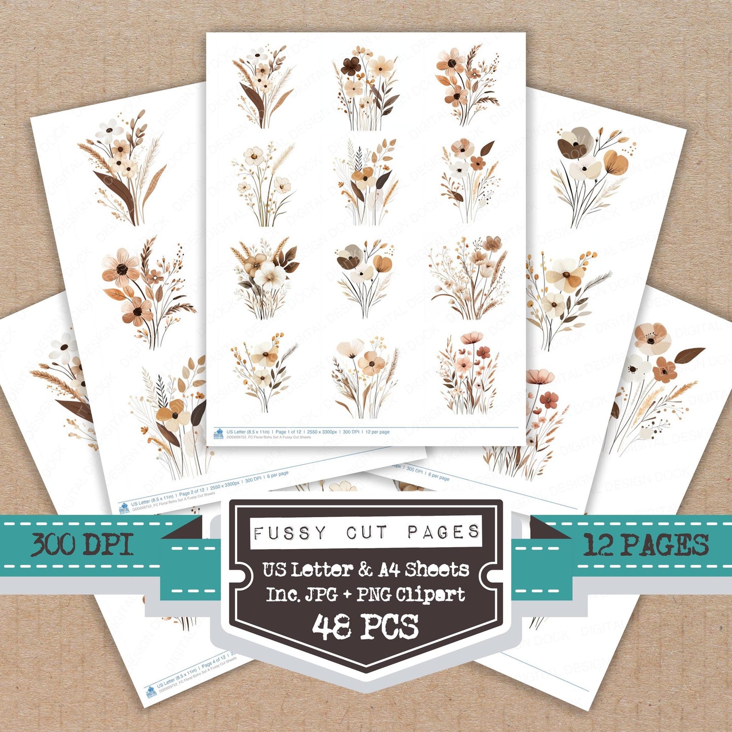 Floral Boho A fussy cut printable sheets for junk journaling, scrapbooking, and paper craft projects