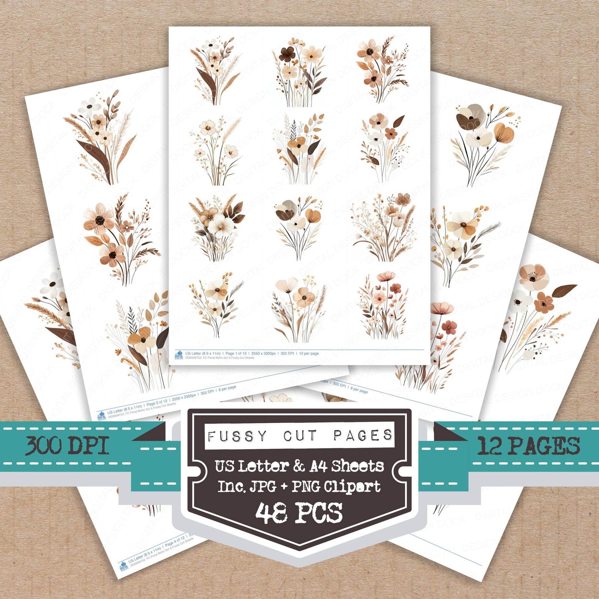 Floral Boho A fussy cut printable sheets for junk journaling, scrapbooking, and paper craft projects