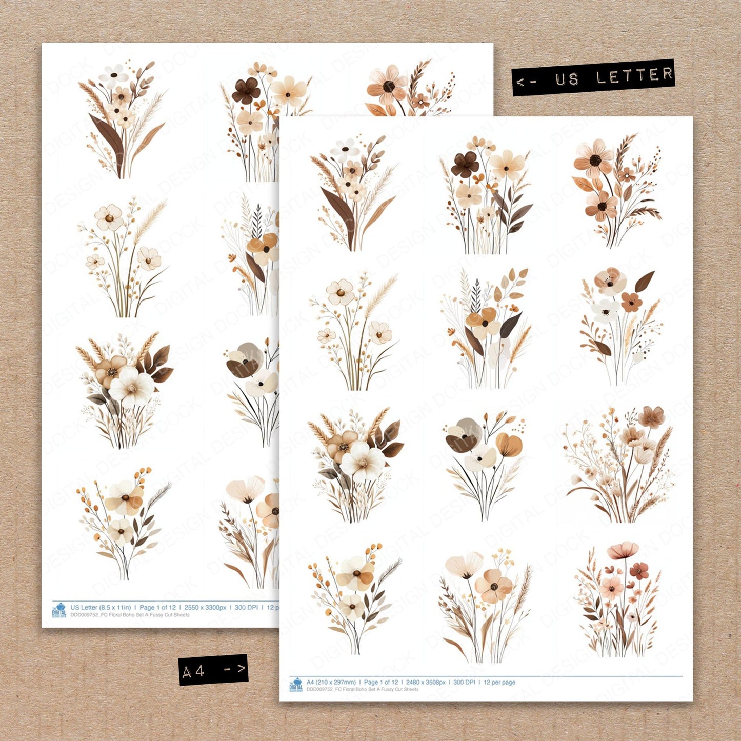 A4 and US Letter format comparison showing Floral Boho A fussy cut pages for print and cut crafting