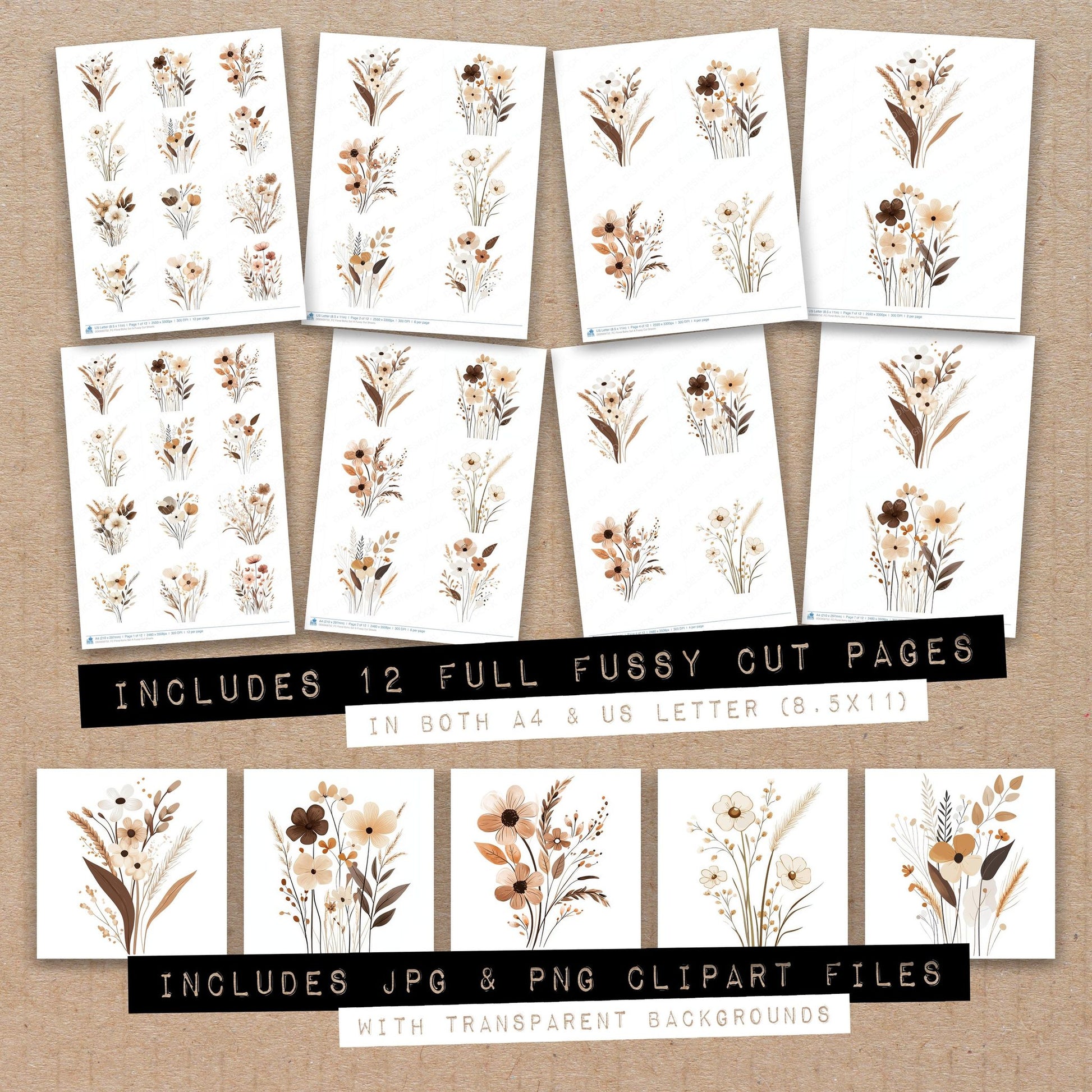 Full collection view of Floral Boho A fussy cut sheets with bonus clipart JPG and PNG files
