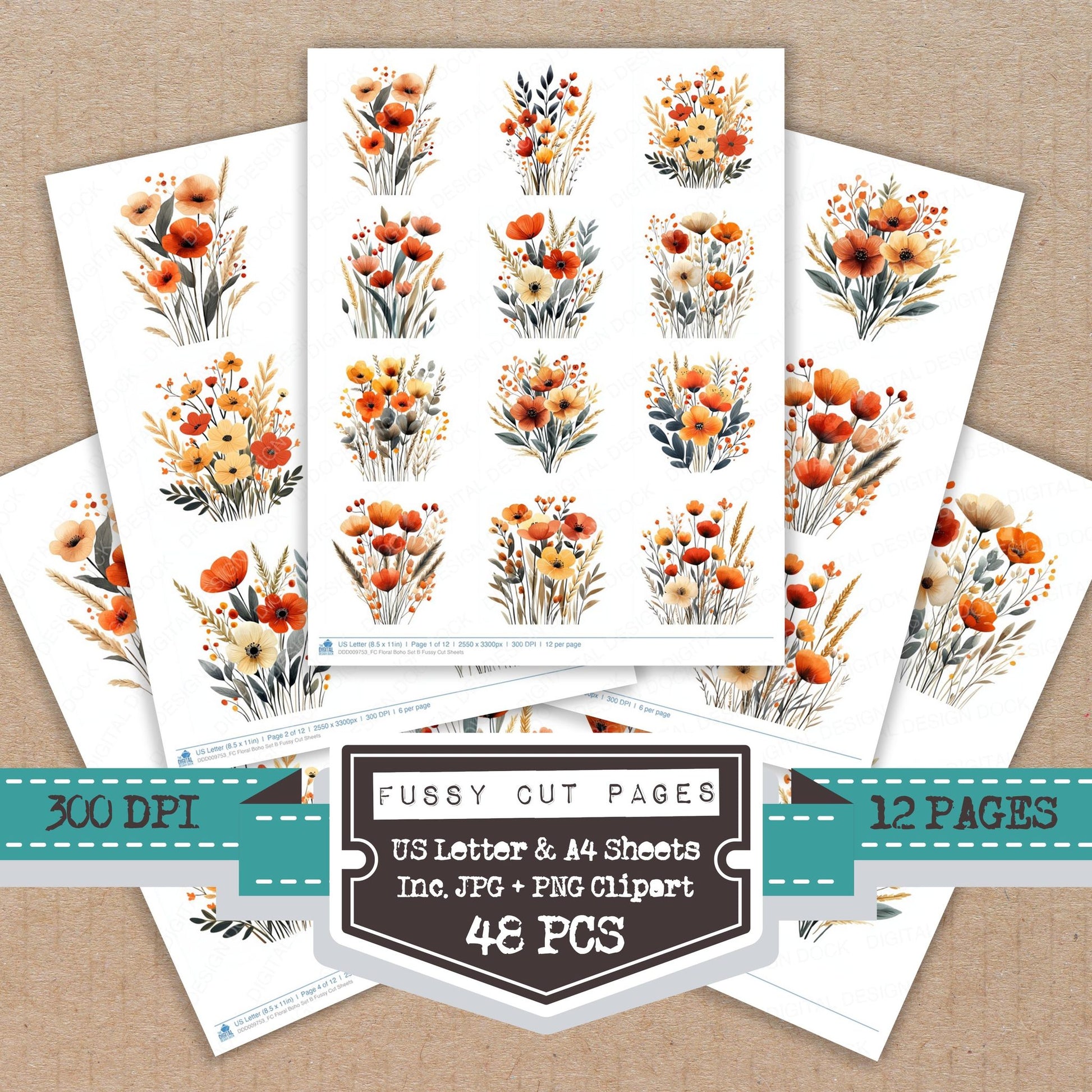 Floral Boho B fussy cut printable sheets for junk journaling, scrapbooking, and paper craft projects