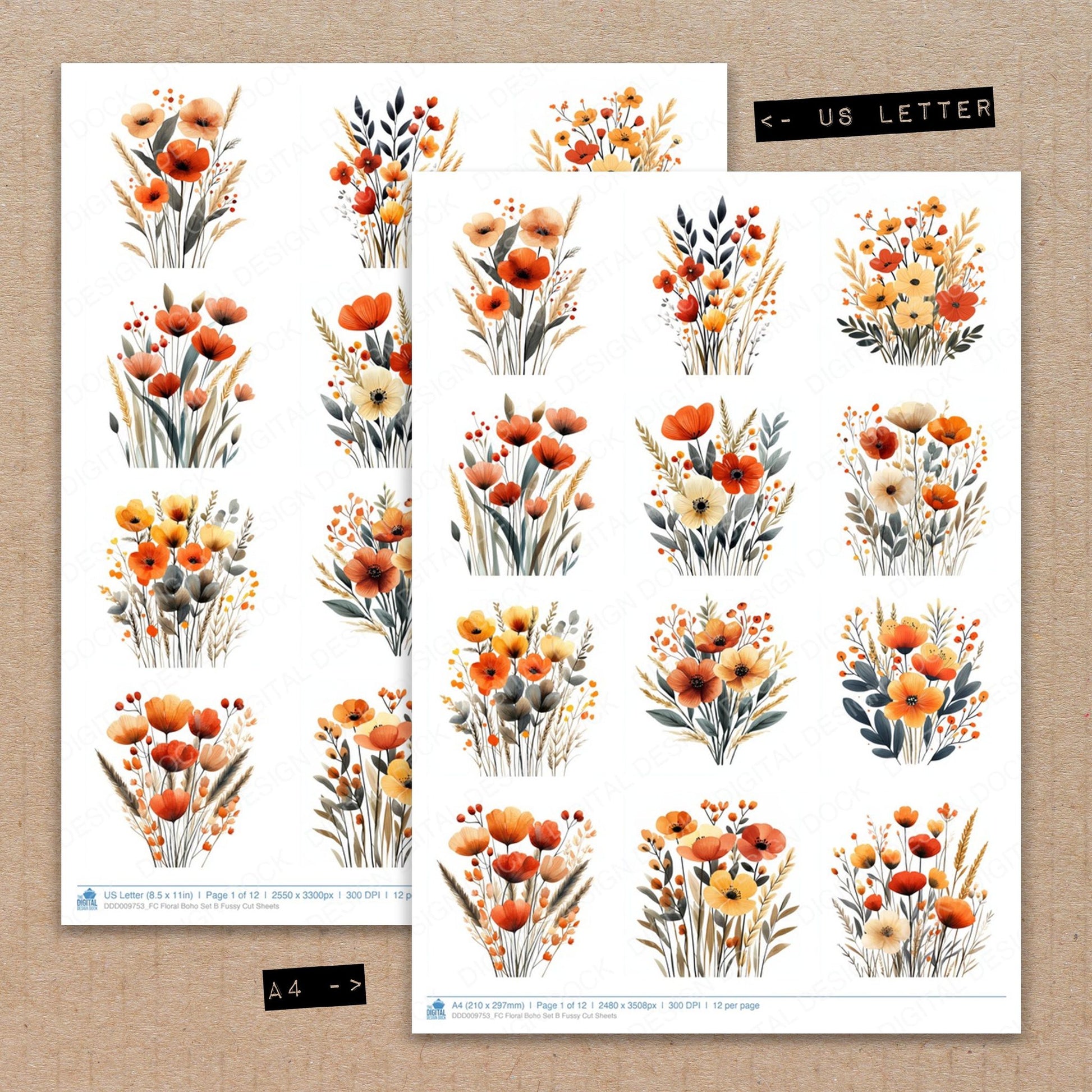 A4 and US Letter format comparison showing Floral Boho B fussy cut pages for print and cut crafting