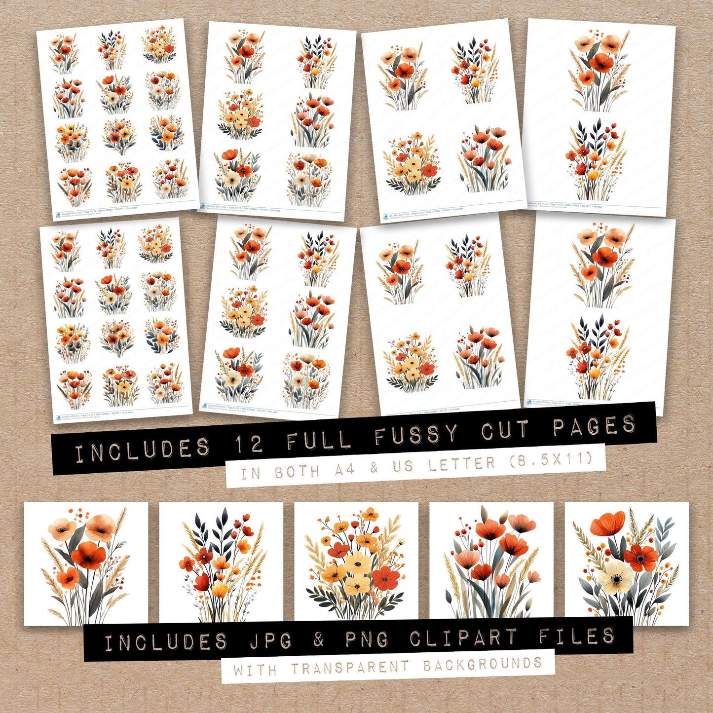 Full collection view of Floral Boho B fussy cut sheets with bonus clipart JPG and PNG files
