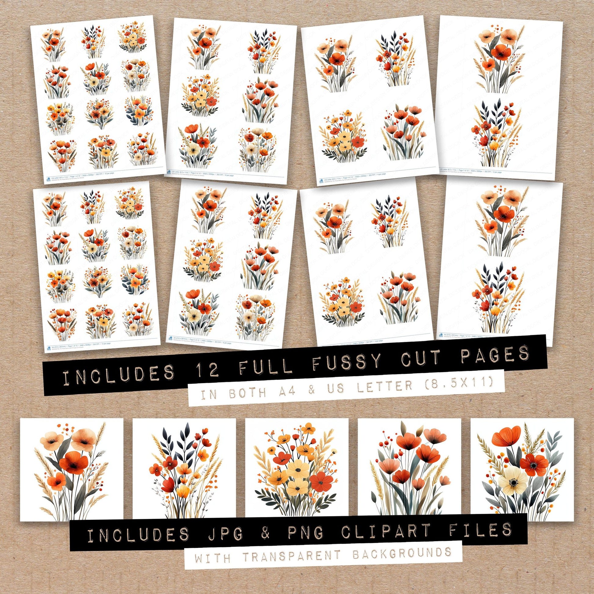 Full collection view of Floral Boho B fussy cut sheets with bonus clipart JPG and PNG files