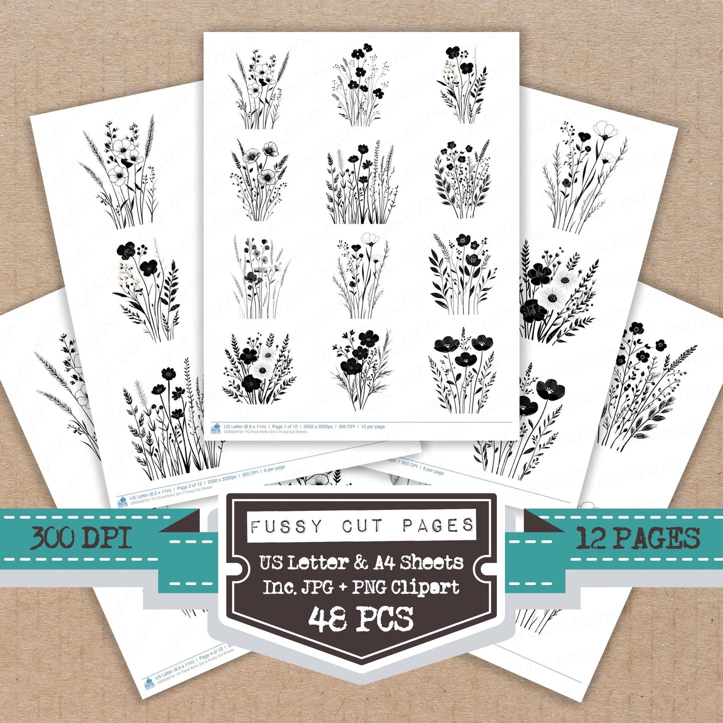 Floral Boho C fussy cut printable sheets for junk journaling, scrapbooking, and paper craft projects